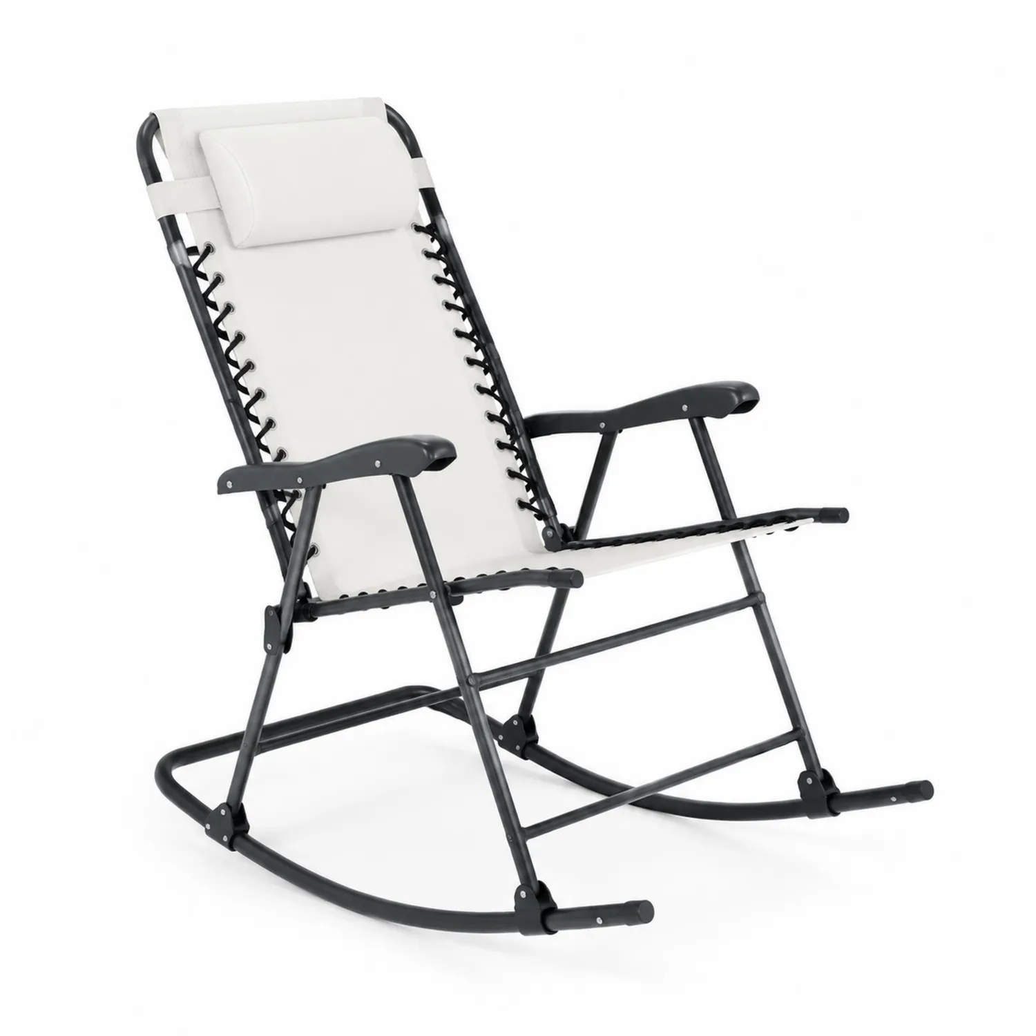 Silla mecedora plegable de acero y tela blanca