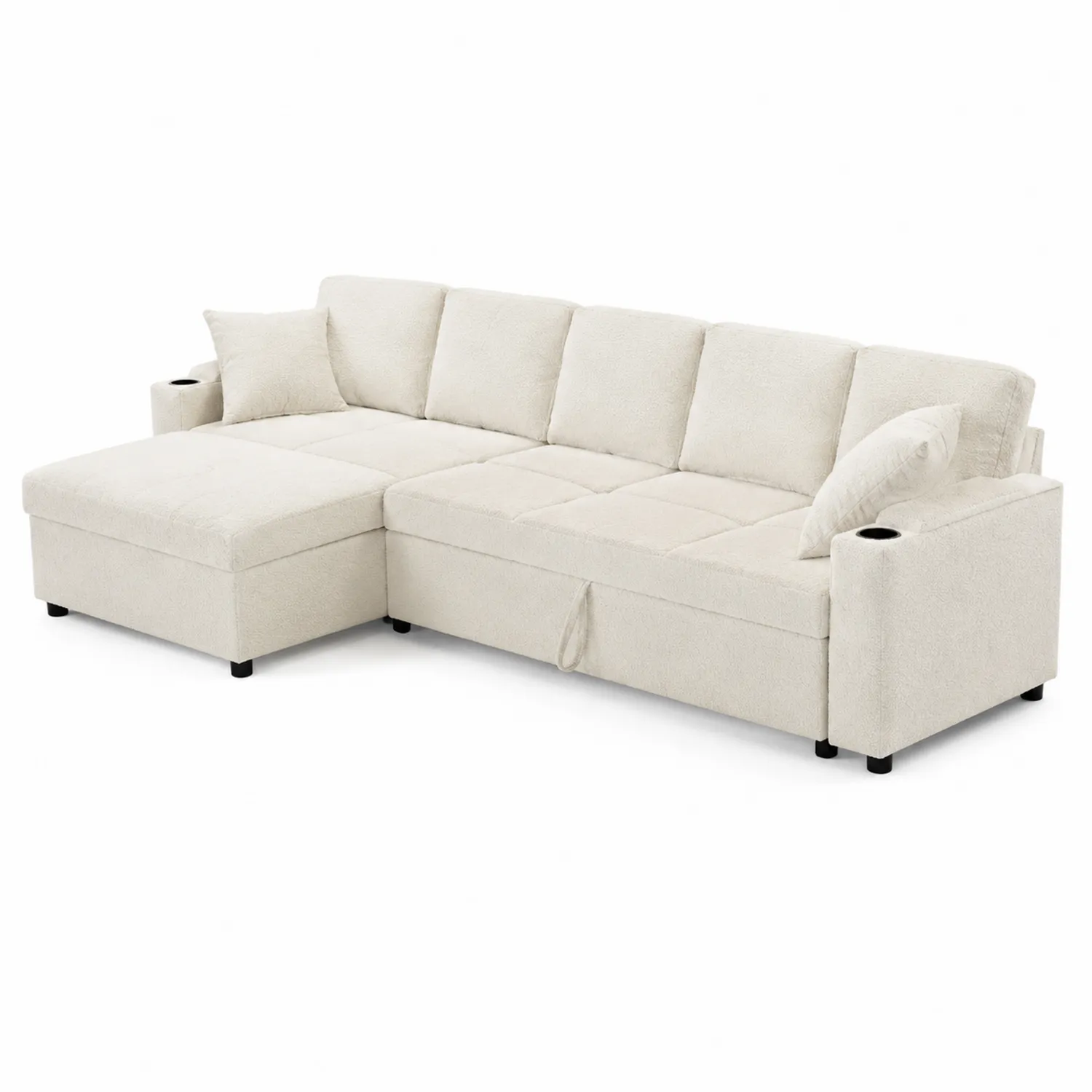 Sofá modular en L de poliéster beige con chaise longue y cojines