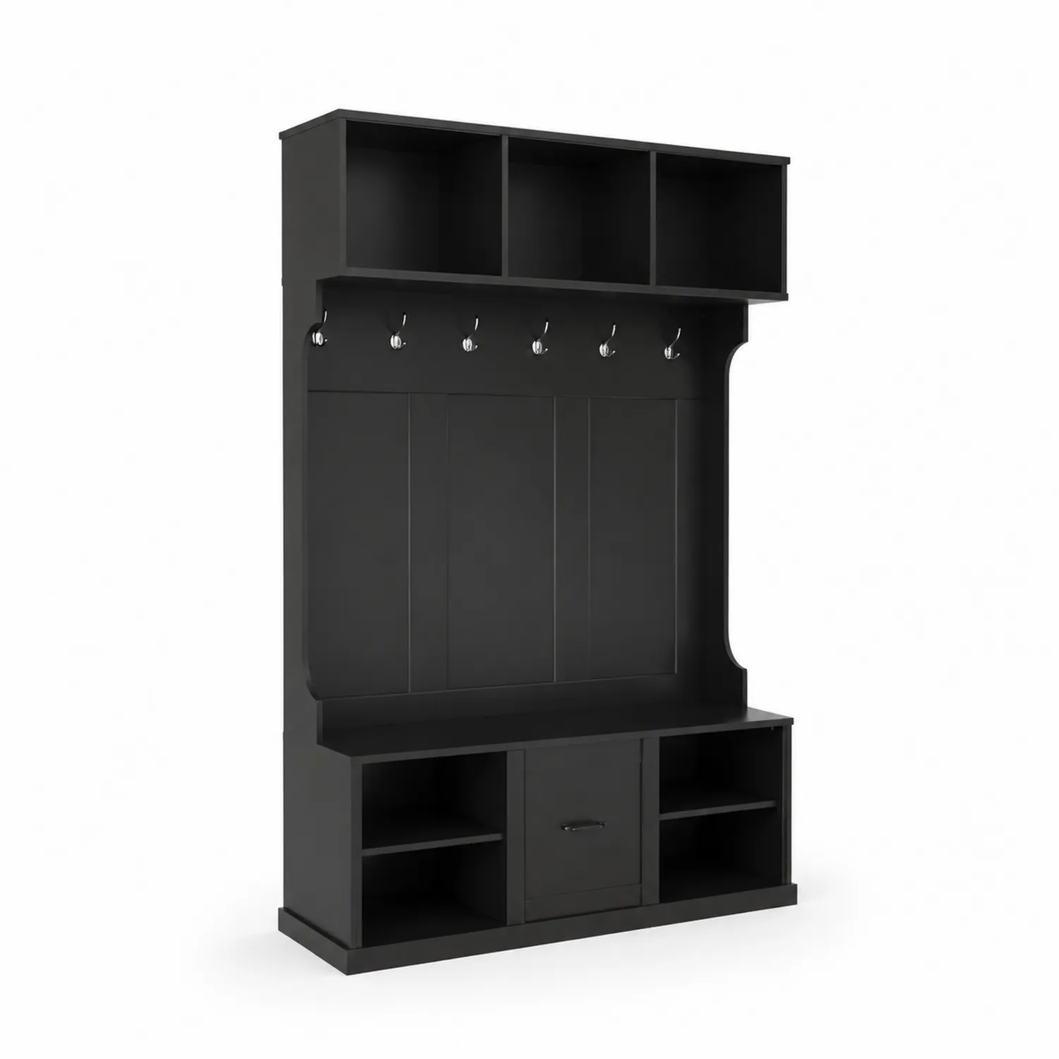 Perchero de Entrada Negro con Ganchos y Estanterías de Madera MDF