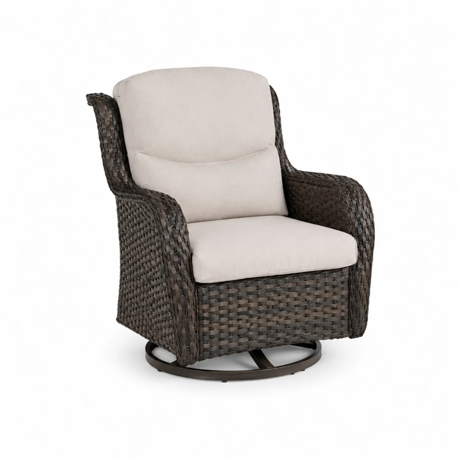 Silla giratoria de ratán sintético marrón con cojines beige, altura 100 cm