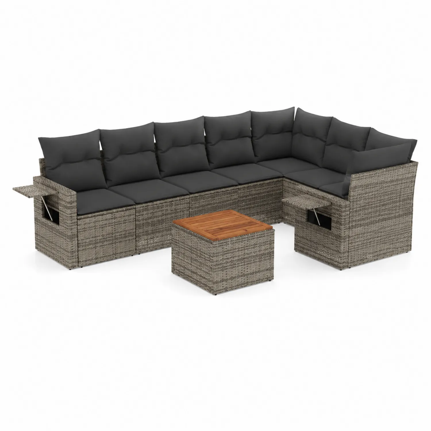 Sofá modular esquinero de ratán sintético gris con cojines negros y mesa de madera de acacia