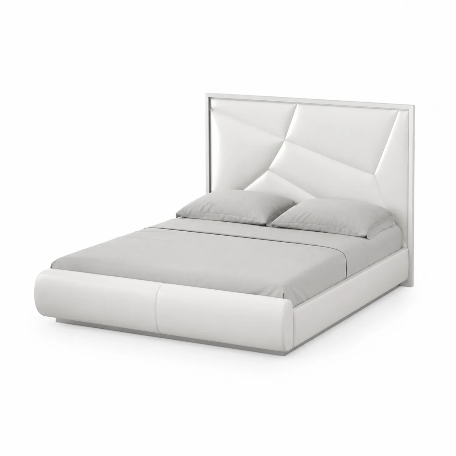 Cama doble de cuero sintético blanco con cabecero geométrico