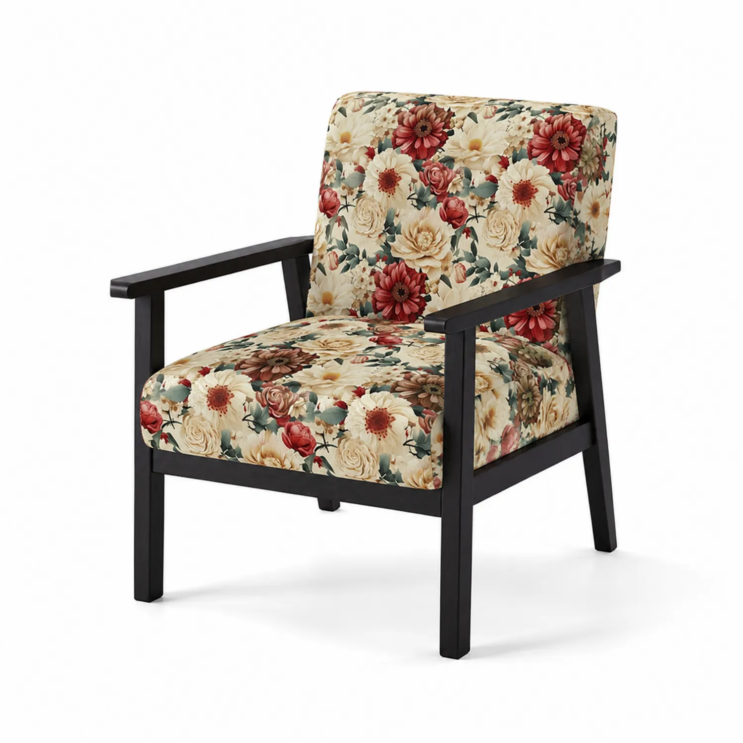 Silla de tela floral con estructura de madera