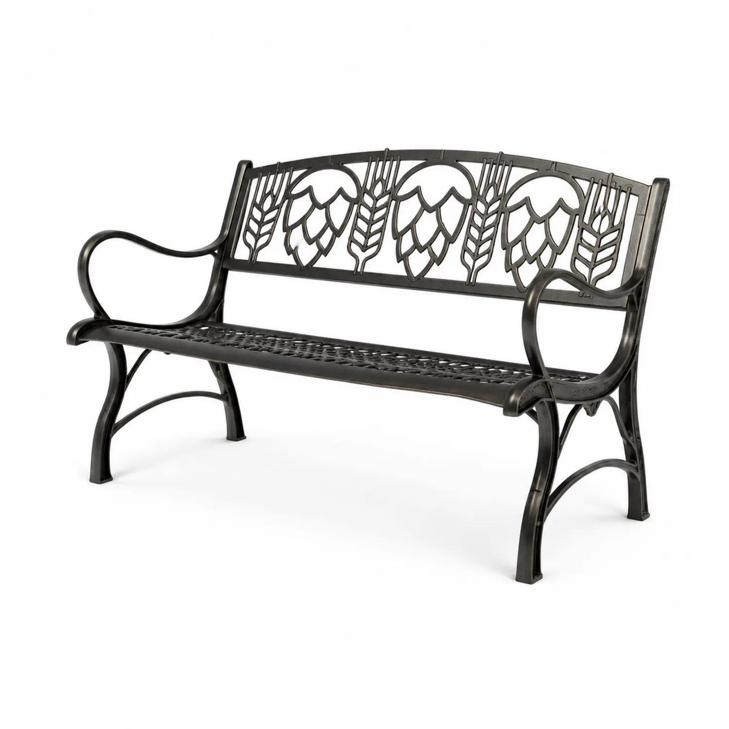 Banco de hierro fundido con diseño decorativo en negro