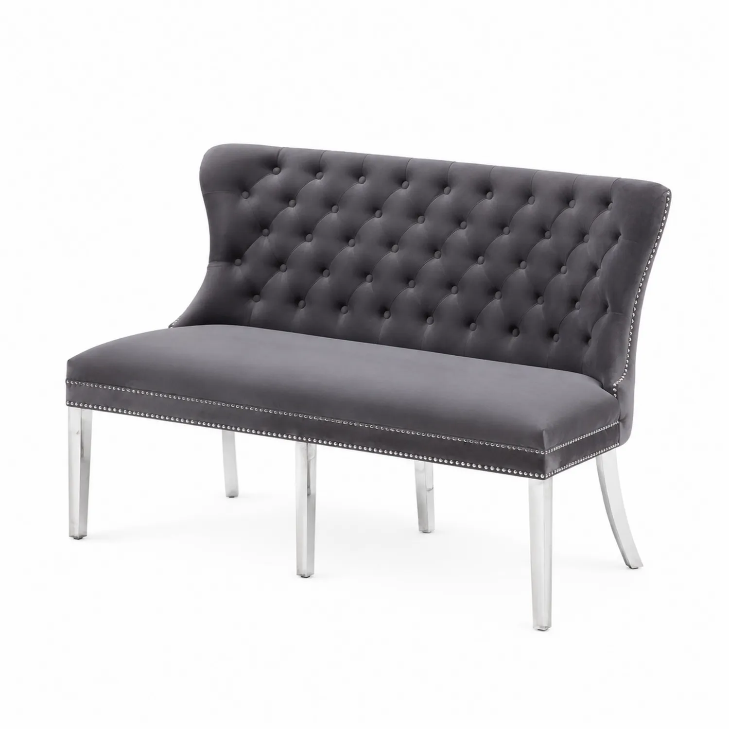 Banco de terciopelo con patas de acero inoxidable gris oscuro