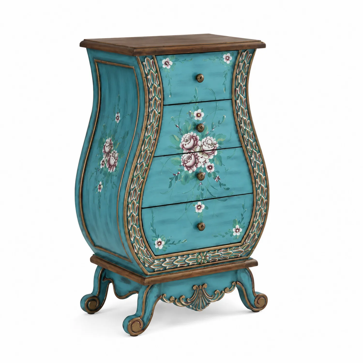 Cajonera Vintage de Madera con Pintura Floral Azul Turquesa 88 cm