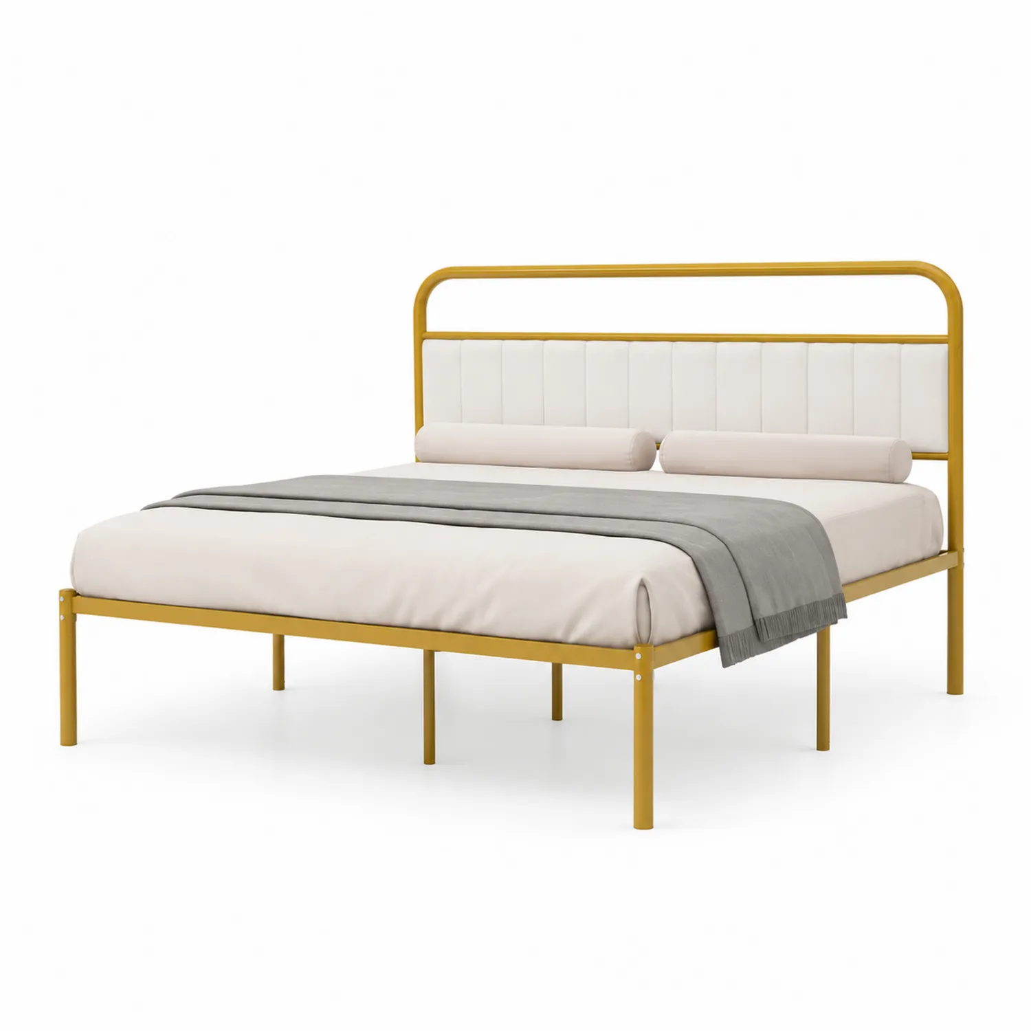 Cama de metal con cabecera acolchada de acero amarillo