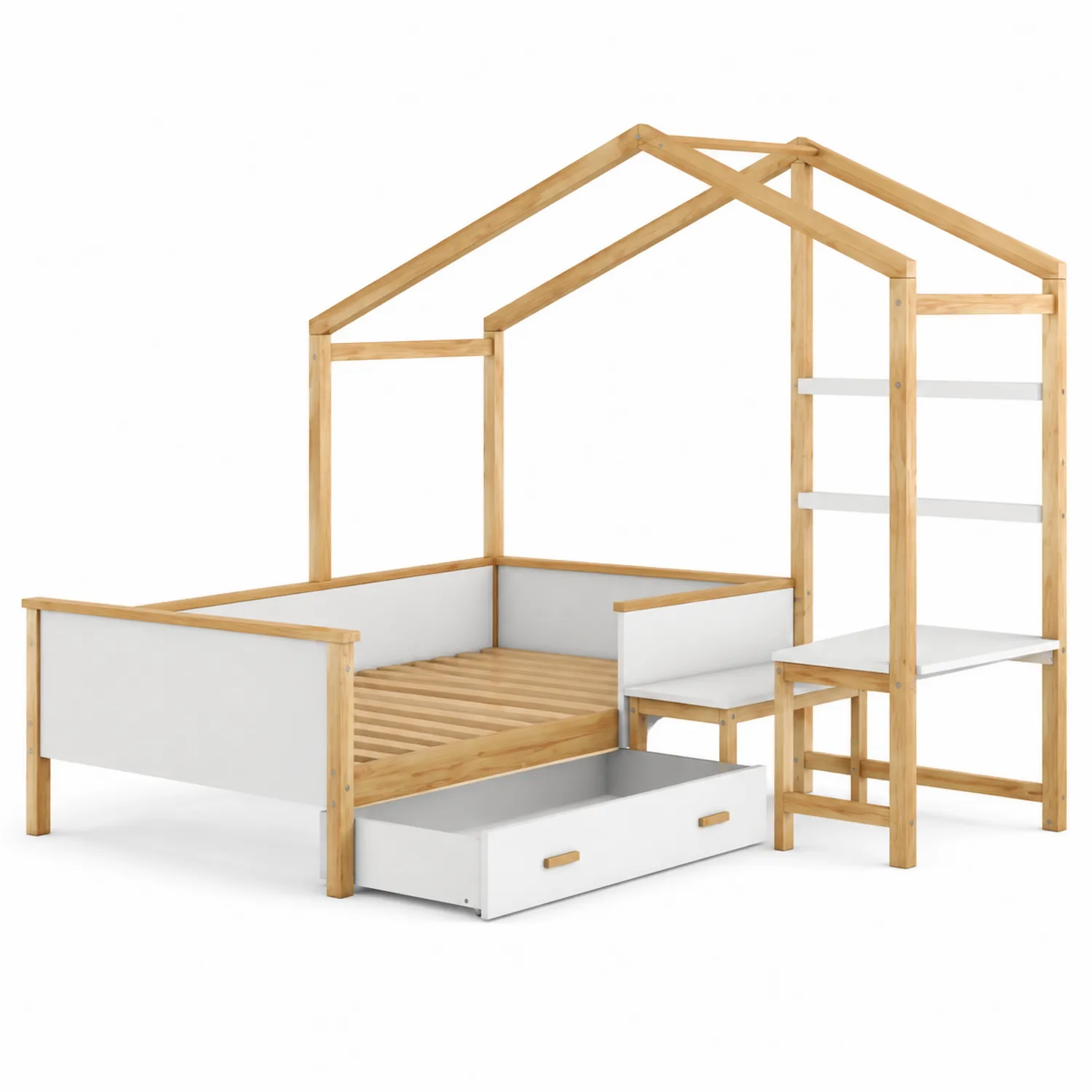 Cama de madera y MDF con estantería y cajón de almacenamiento