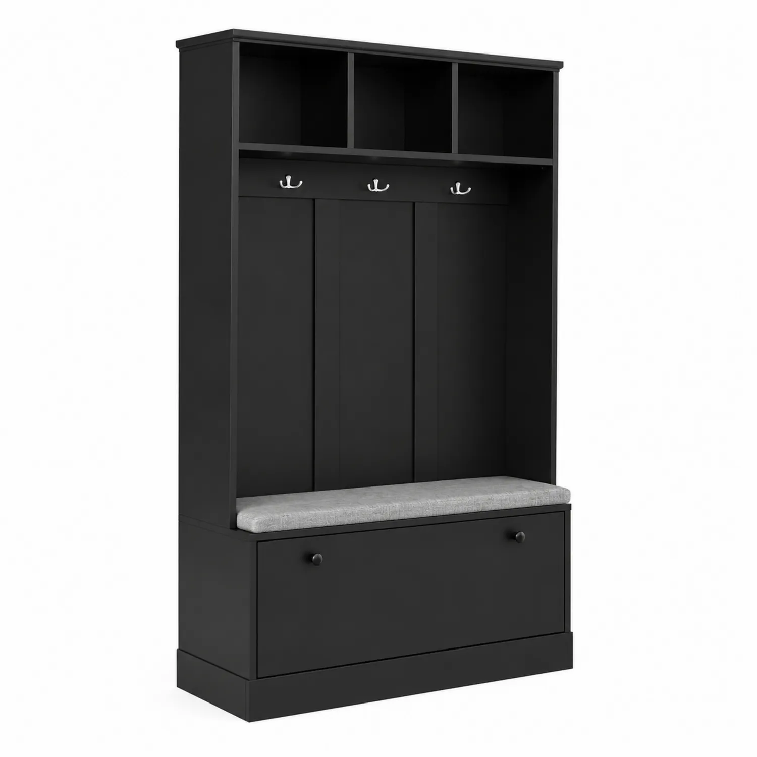 Armario de Madera Negra con Cojín Gris y Almacenamiento