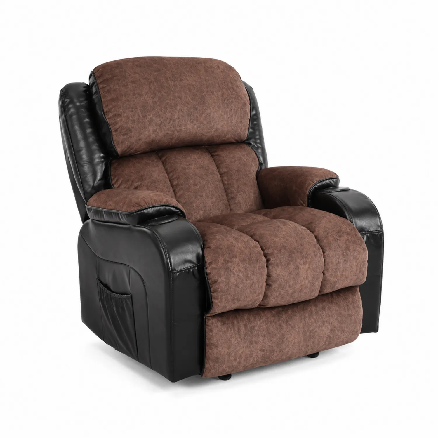 Sillón reclinable de tela marrón y cuero sintético negro