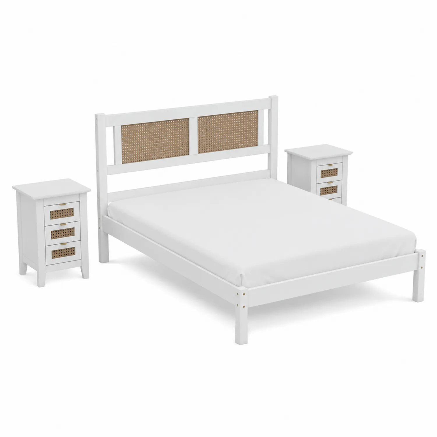 Conjunto de Dormitorio de Madera y Ratán Blanco con Cabecero y Mesitas