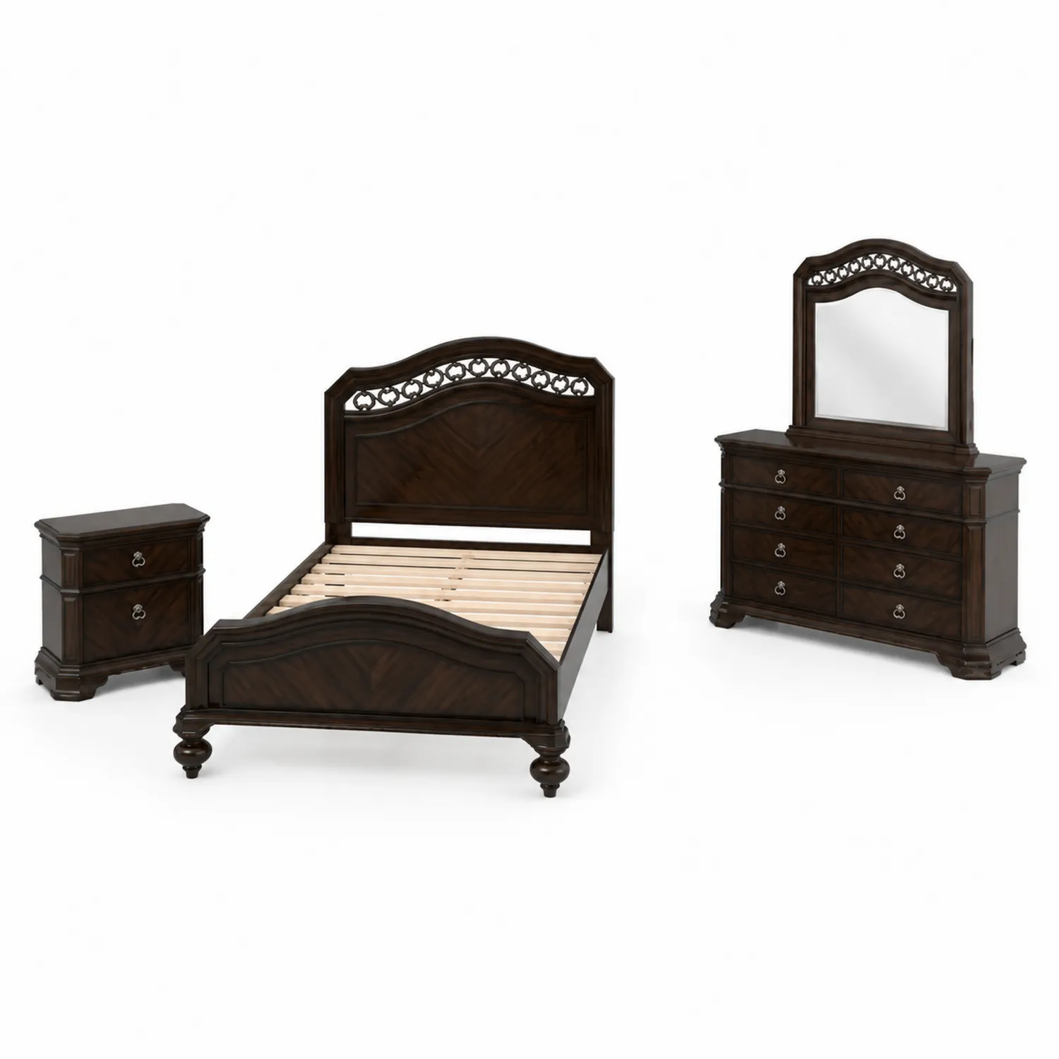 Conjunto de Dormitorio de Madera Maciza Marrón Oscuro con Cama, Cómoda y Mesita de Noche