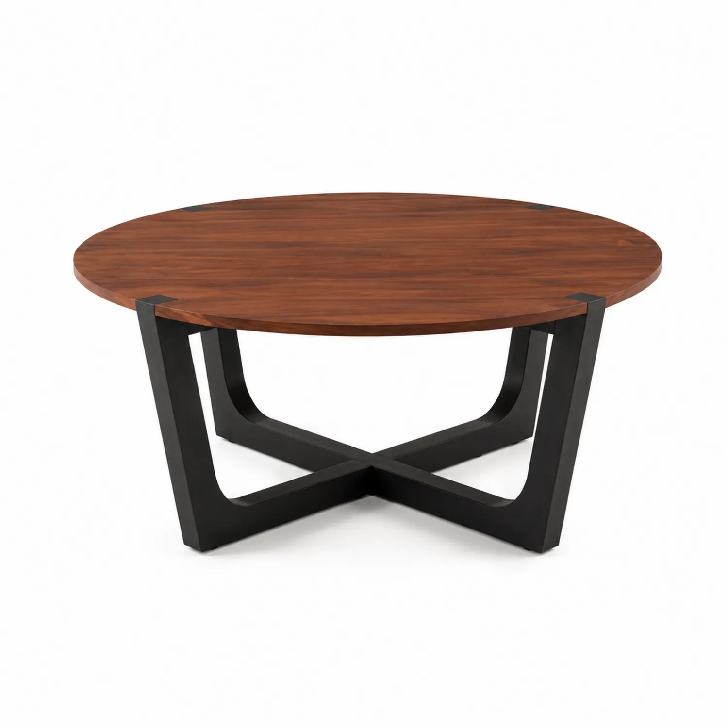 Mesa redonda de madera de nogal y metal negro
