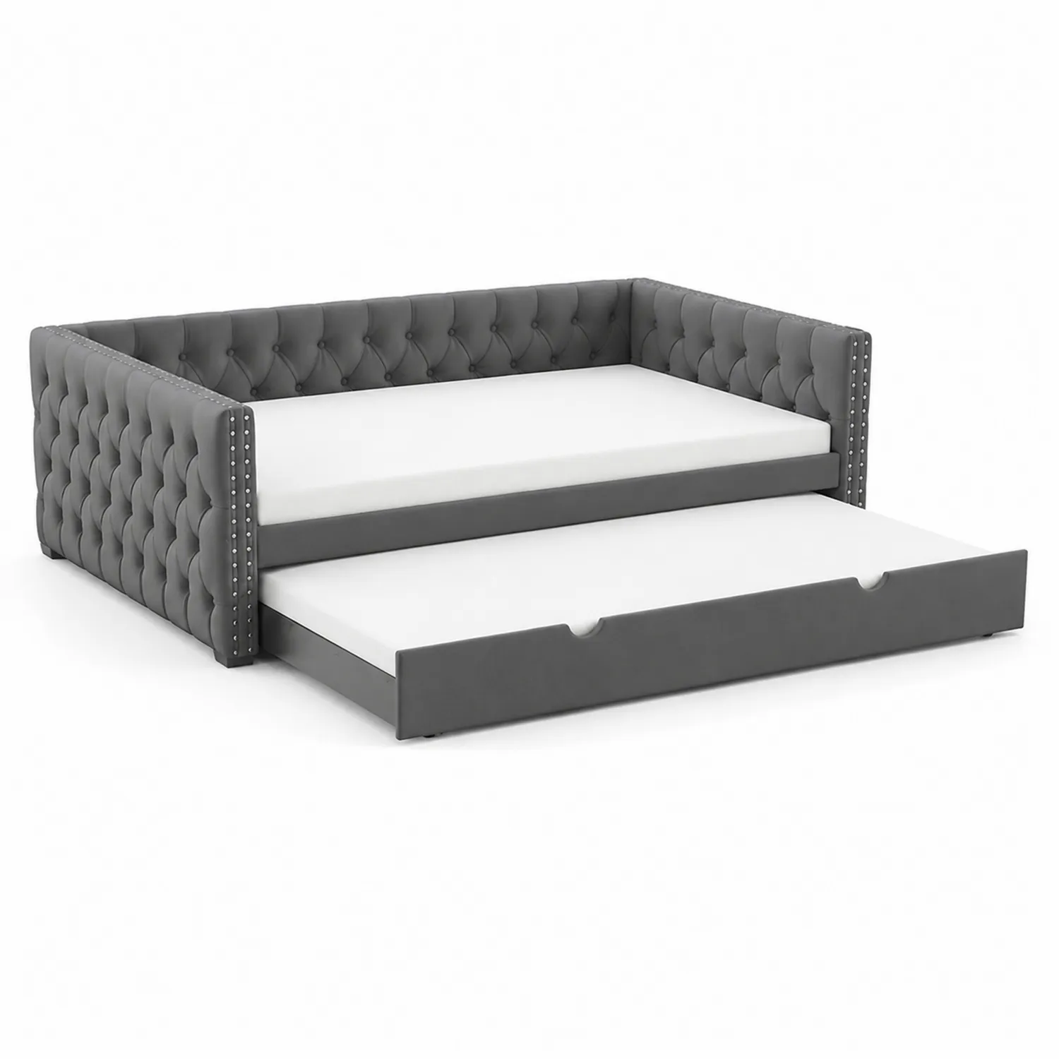 Cama diurna gris con cajón, tapizada en piel sintética