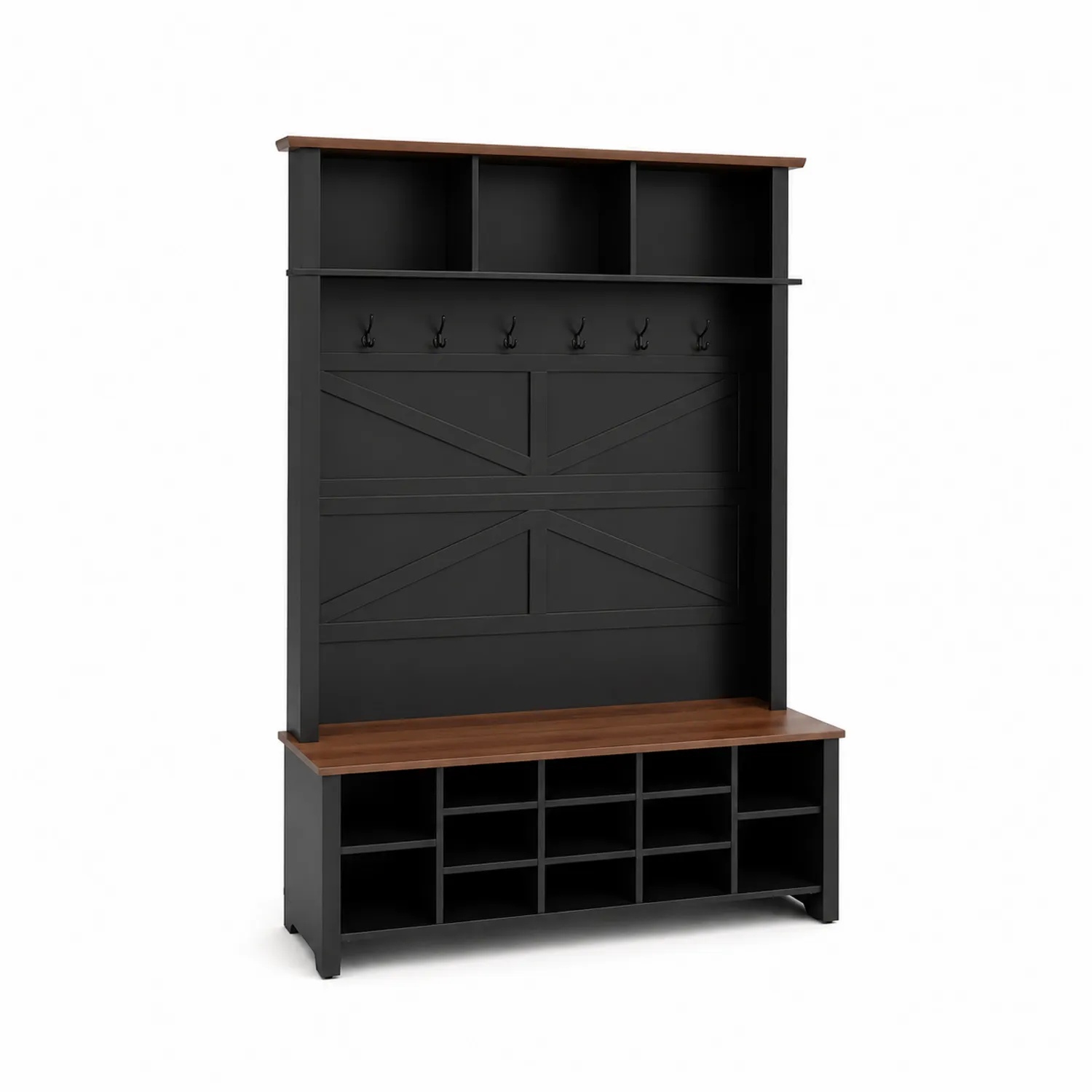 Perchero con banco y estantes de MDF y madera de caucho Negro/Marrón 180x100x40cm