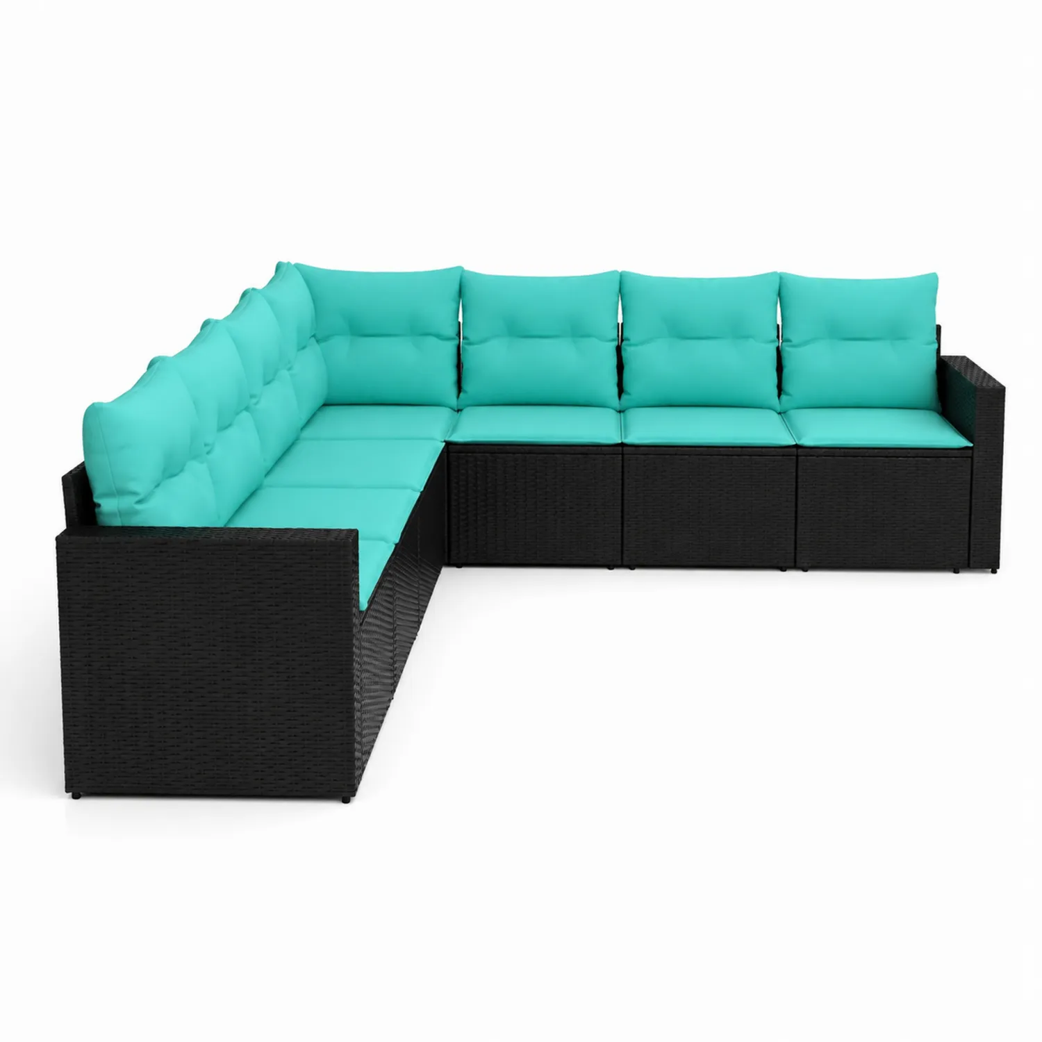 Sofá modular de ratán sintético en L con cojines turquesa