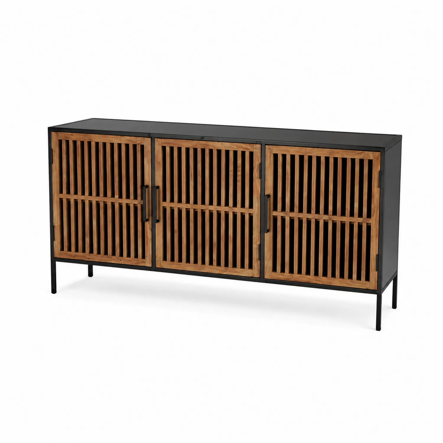 Aparador de metal y madera de acacia con puertas enrejadas