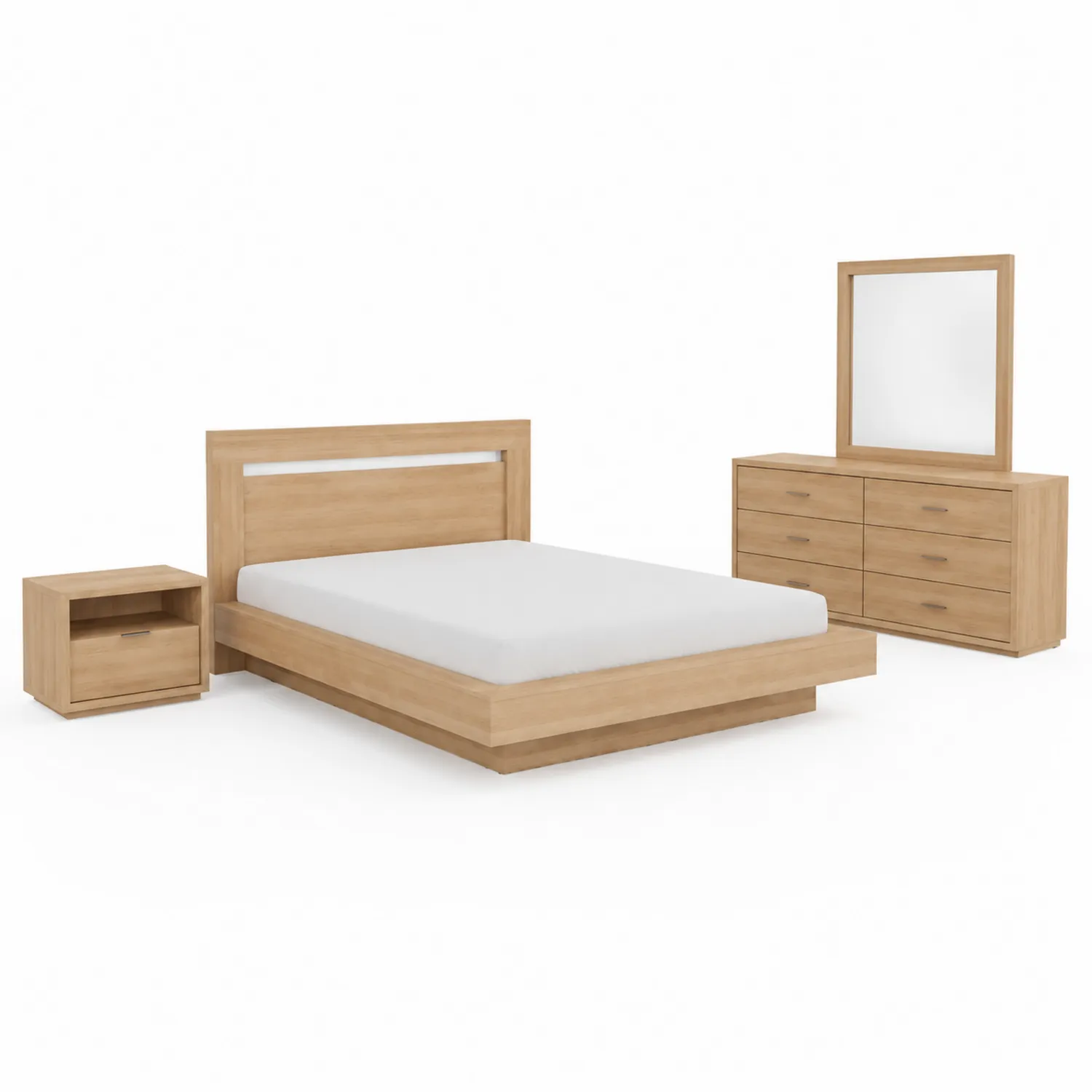Conjunto de Dormitorio en Madera de Roble: Cama, Mesita, Tocador y Espejo
