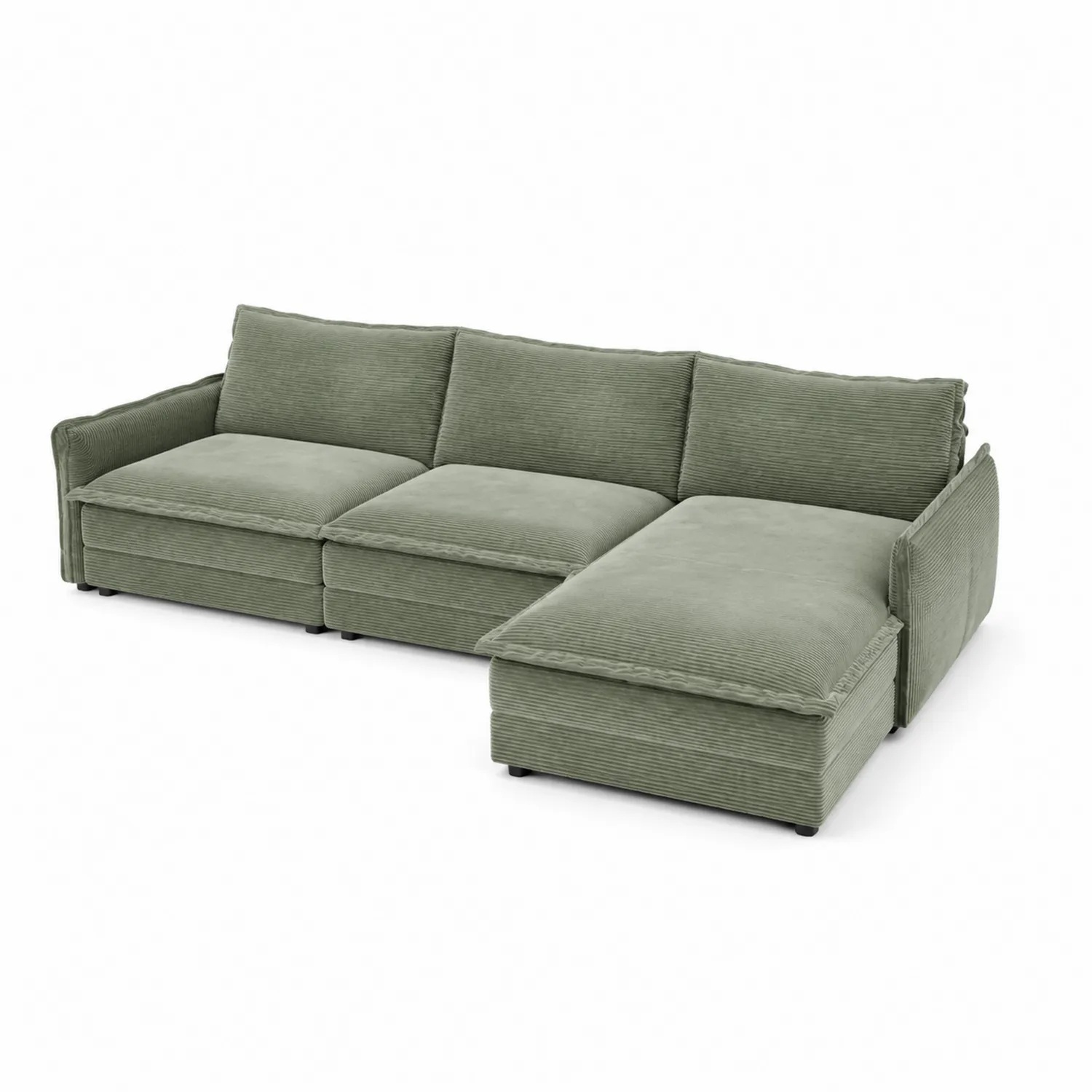 Sofá chaise longue de tela de chenilla verde de 4 plazas