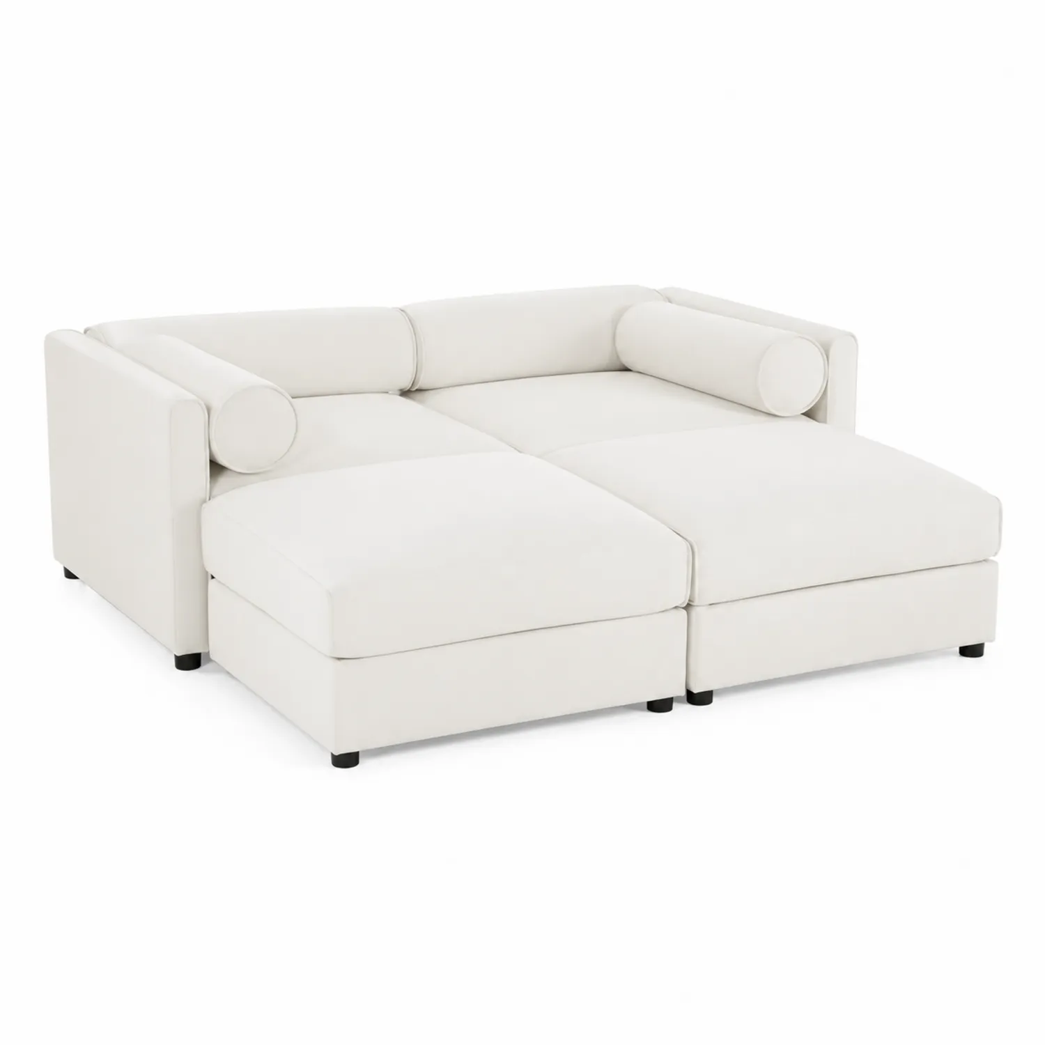 Sofá modular de tela beige con estructura de madera