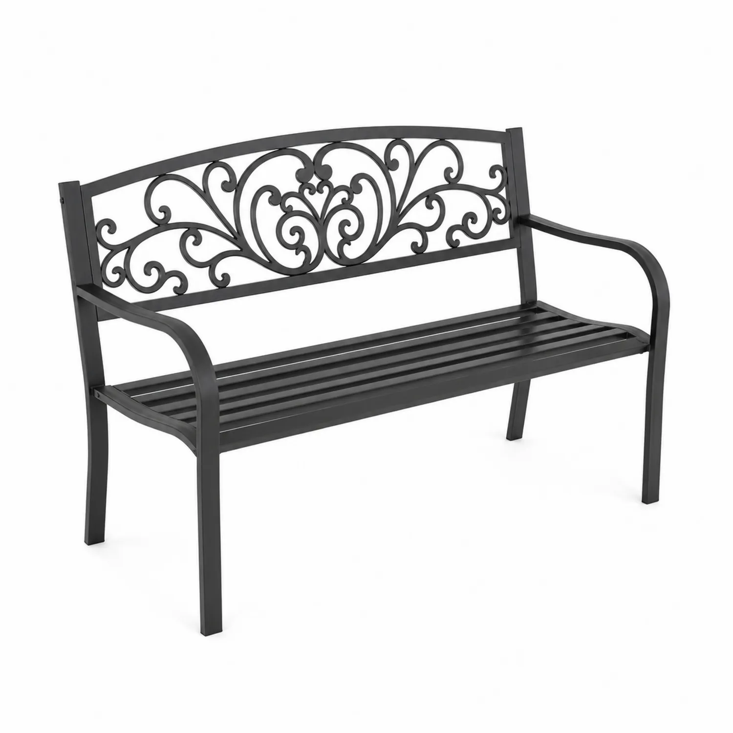 Banco negro de metal con respaldo decorativo