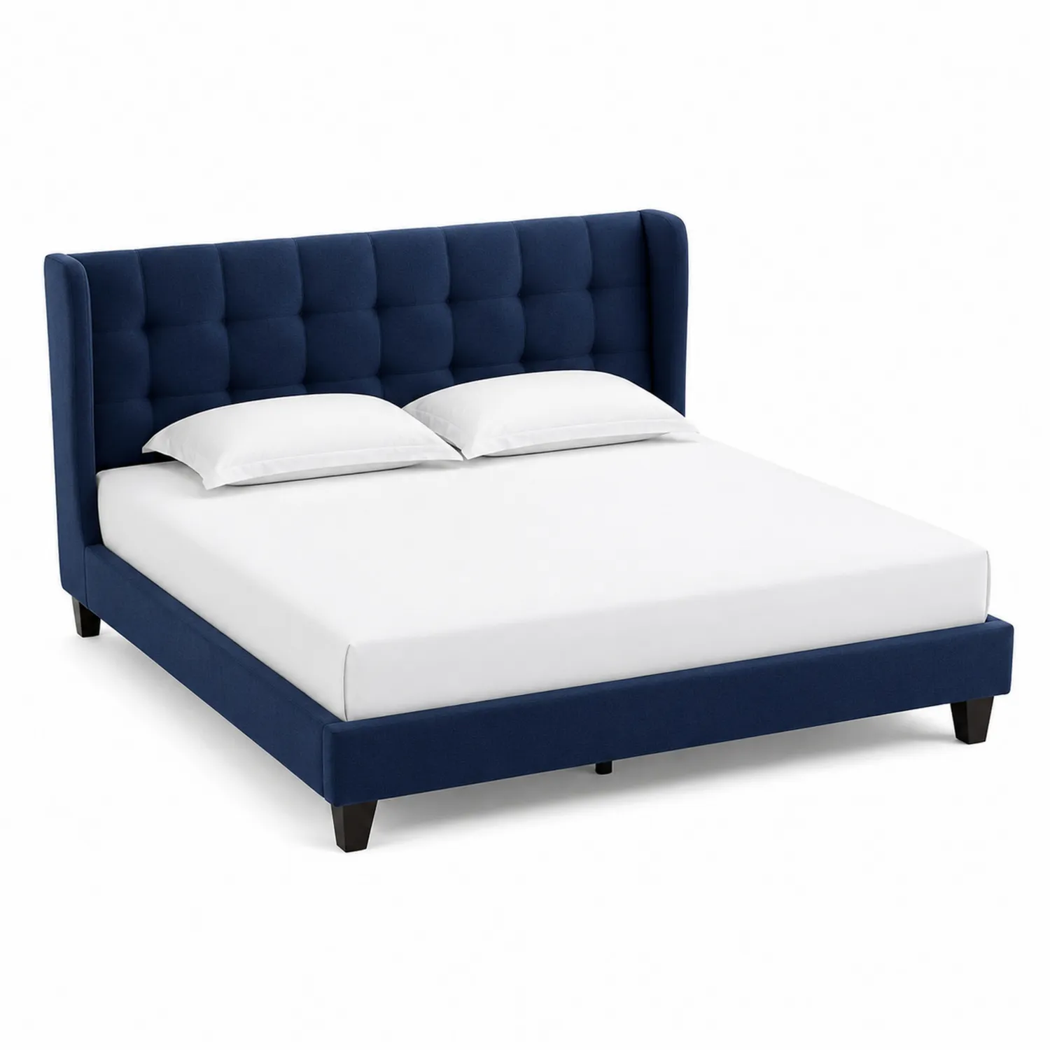 Cama de Madera y Tejido Azul Marino con Cabecera Acolchada