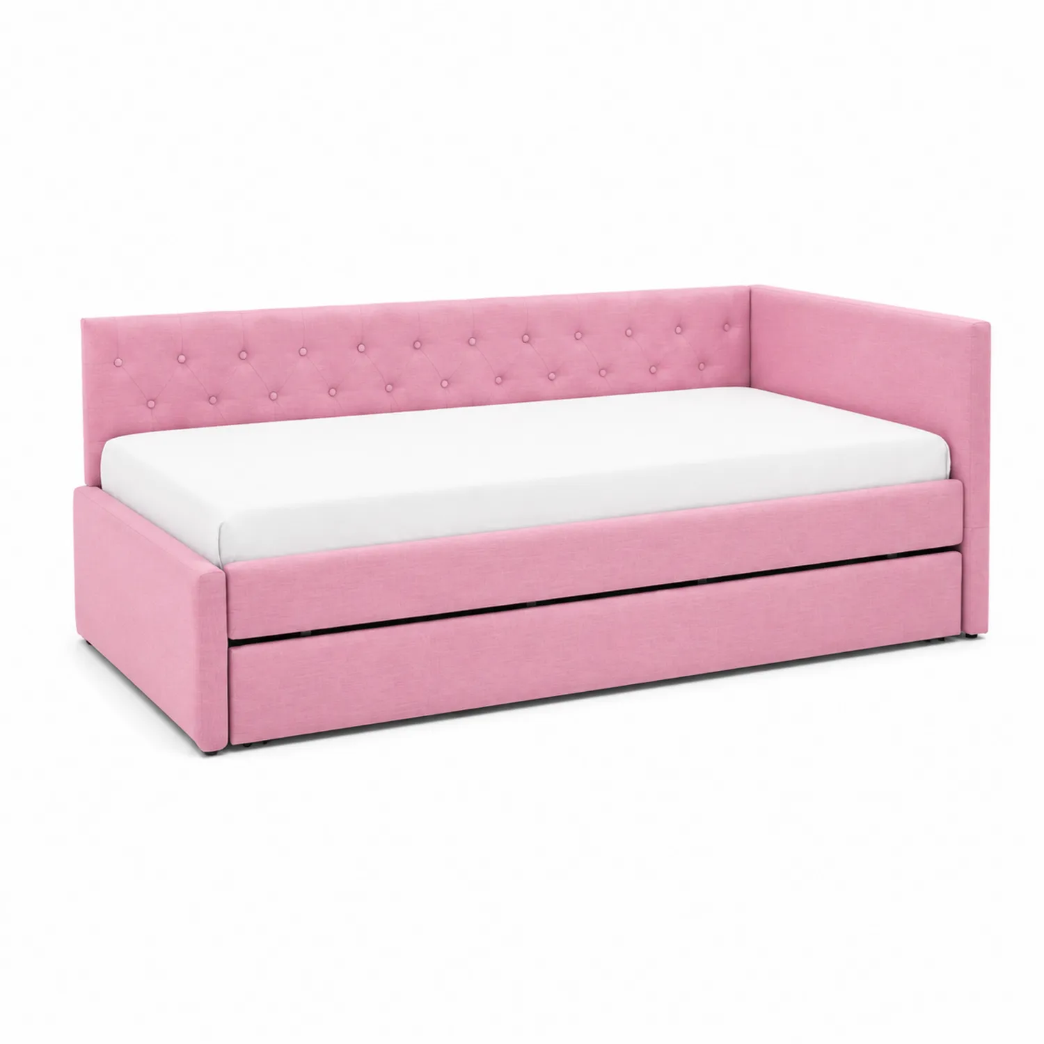 Lit de jour en bois avec tissu rose et rangement
