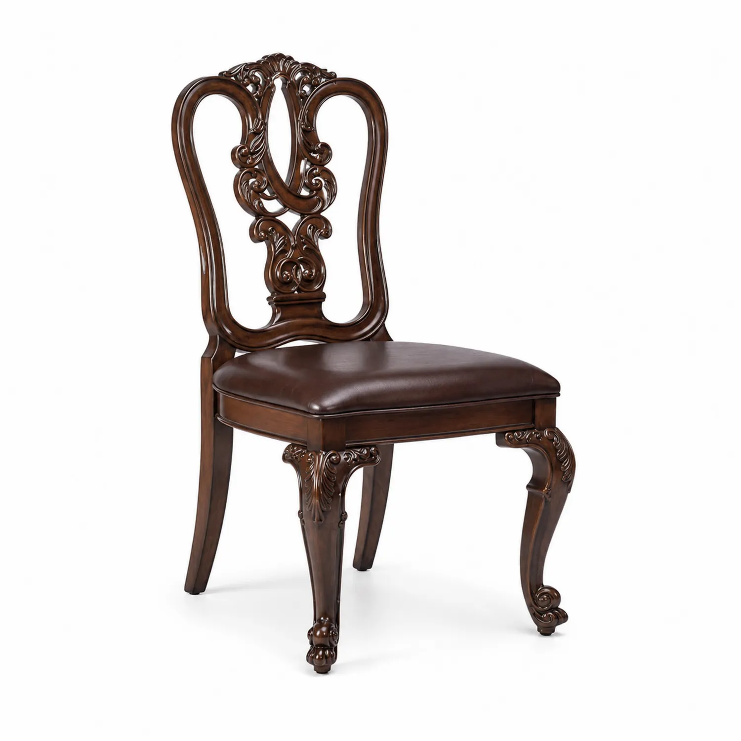 Chaise en bois sculpté avec siège en cuir PU