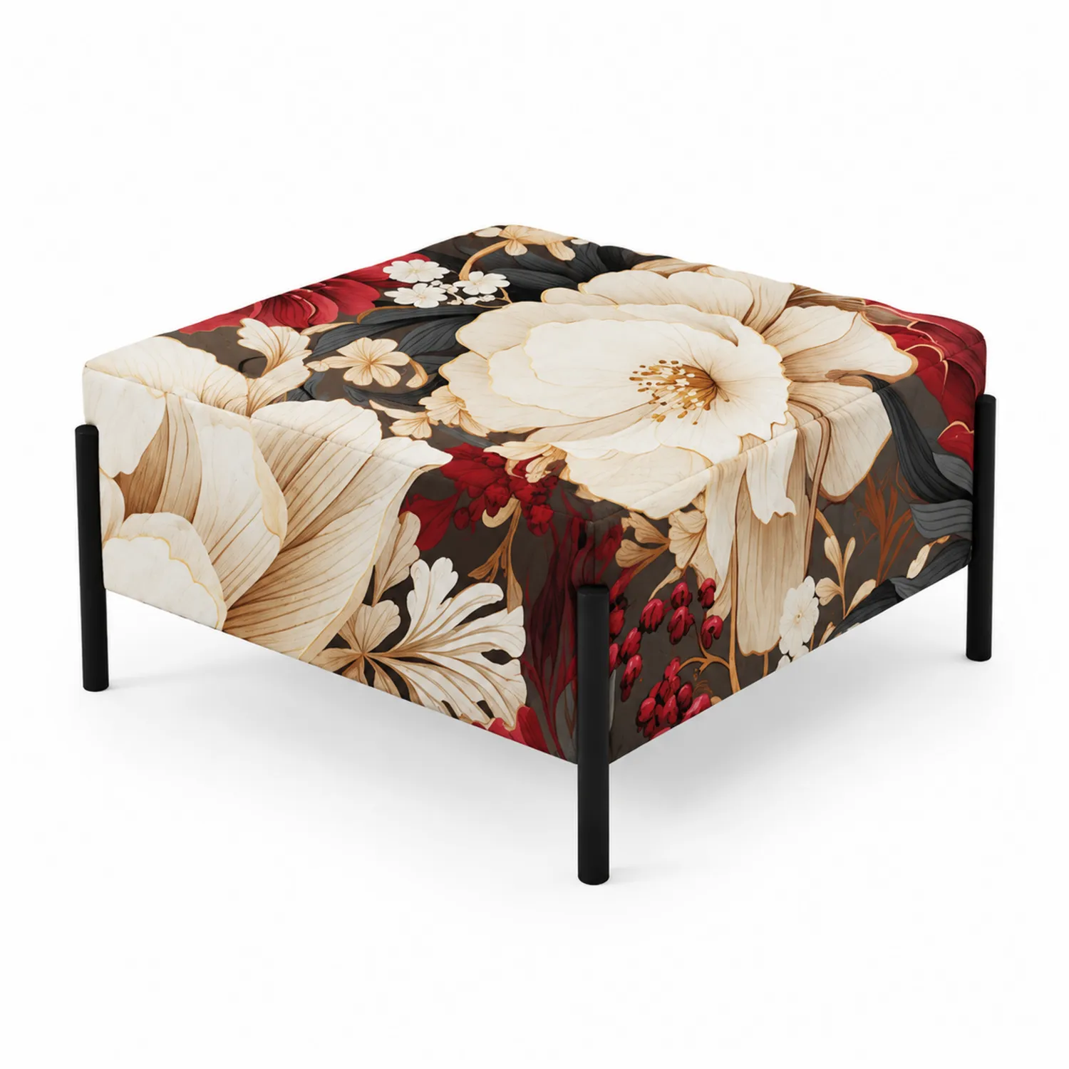 Pouf en tissu avec pieds en métal floral 60x60x40 cm