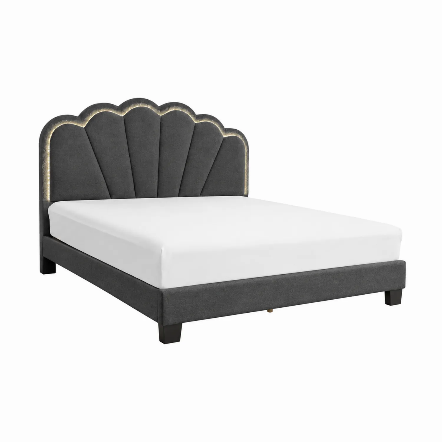 Lit double en tissu avec tête de lit éventail et lumière LED