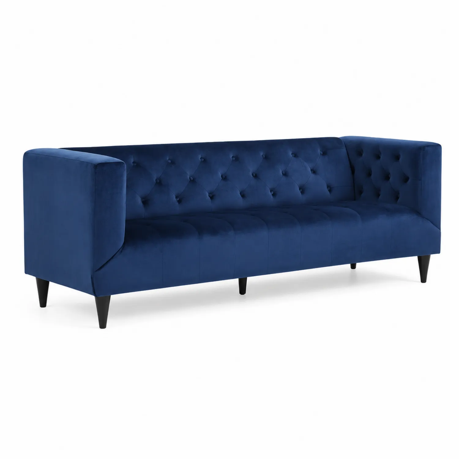 Canapé en velours bleu avec pieds en bois