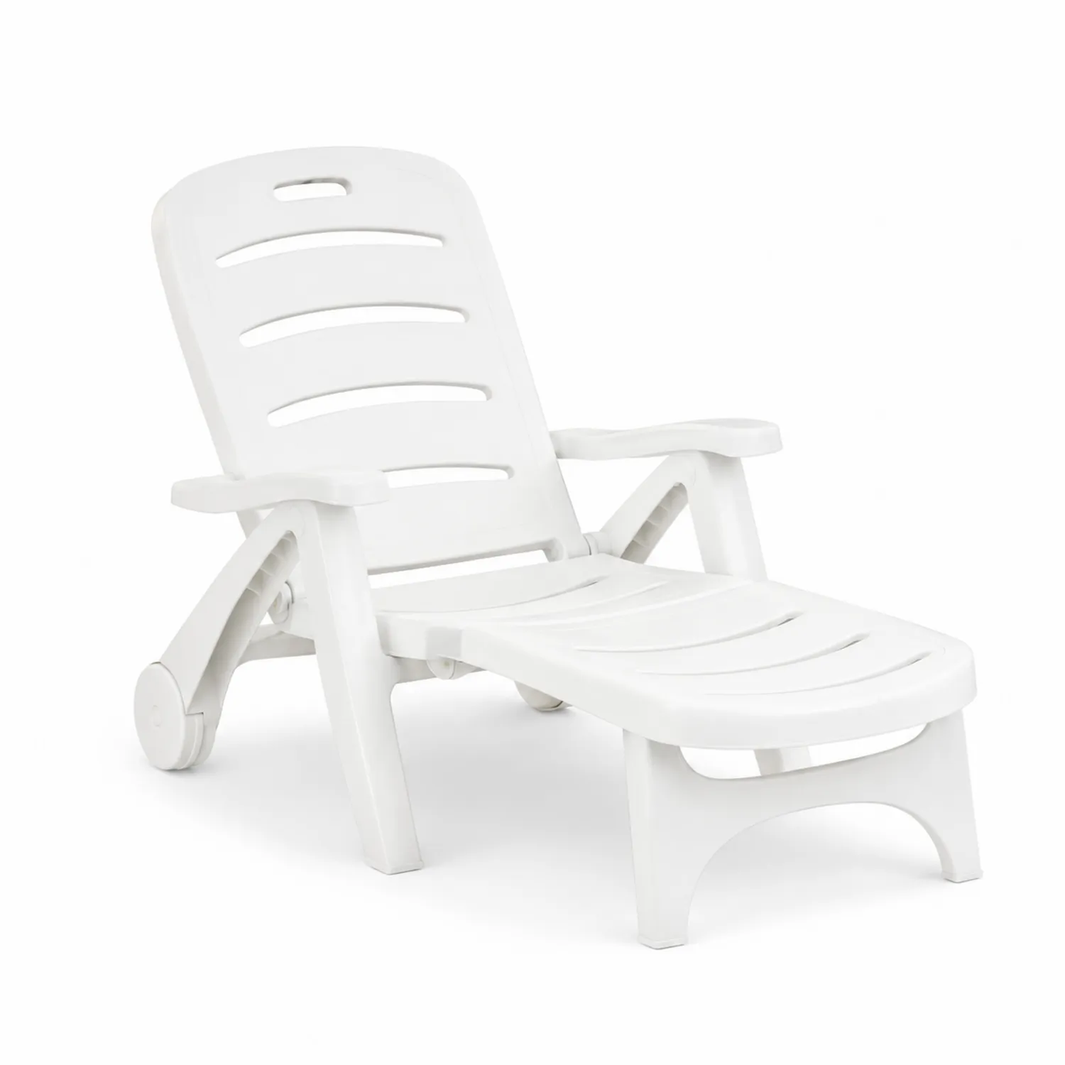 Chaise longue extérieure en plastique blanc avec roues