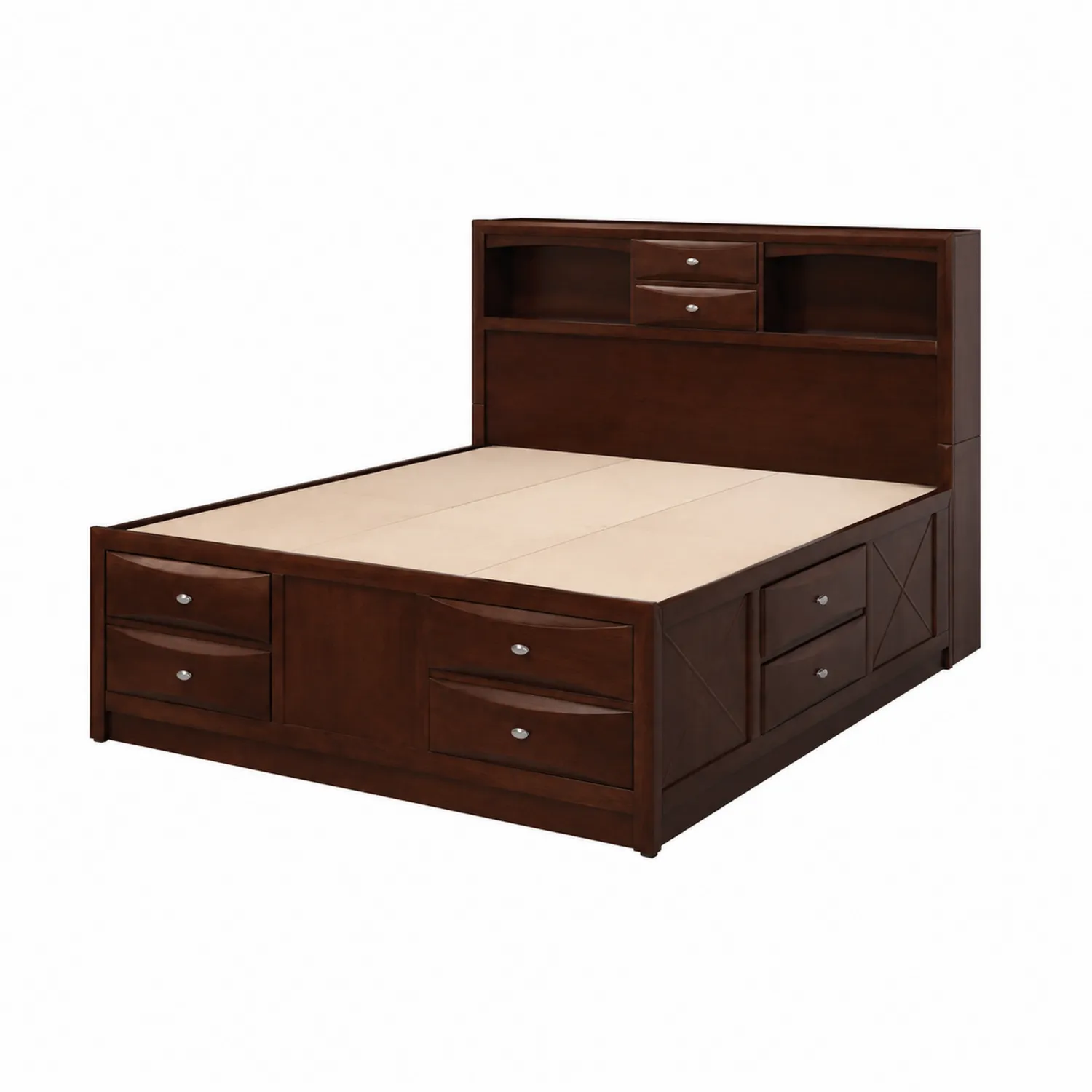 Lit en bois avec rangement et tête de lit en bois marron