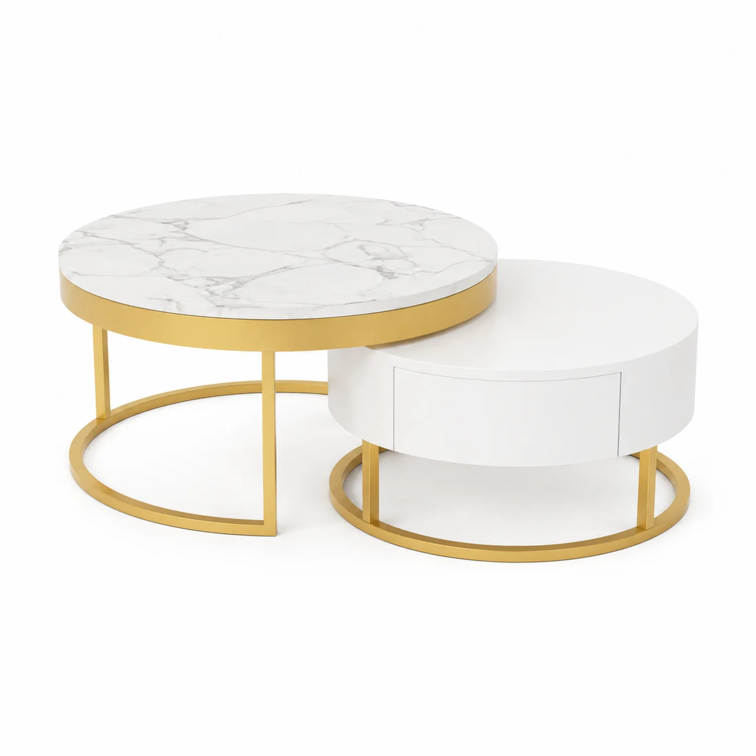 Tables Basses Rondes en Marbre et MDF avec Cadre Métallique Doré