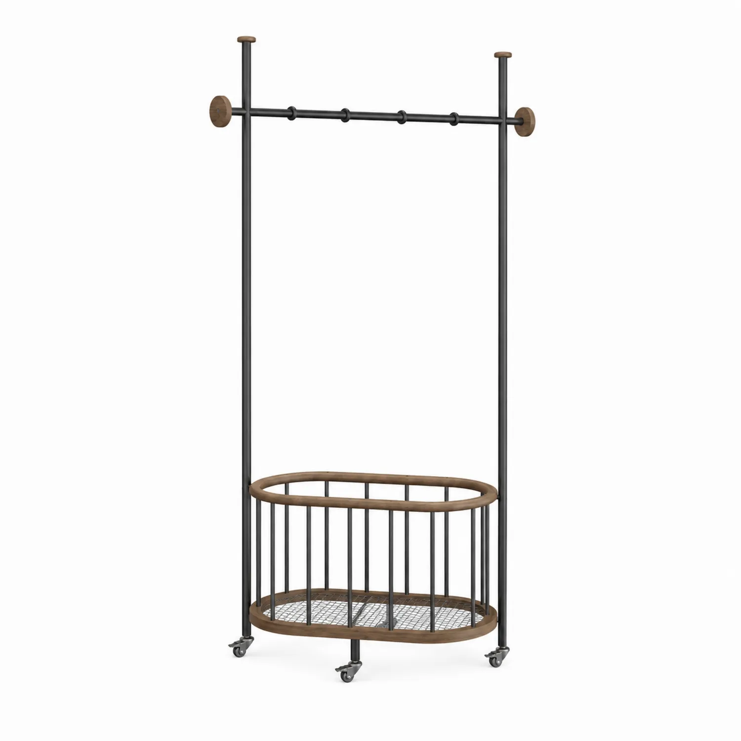 Portant en métal noir avec panier ovale en bois et roulettes