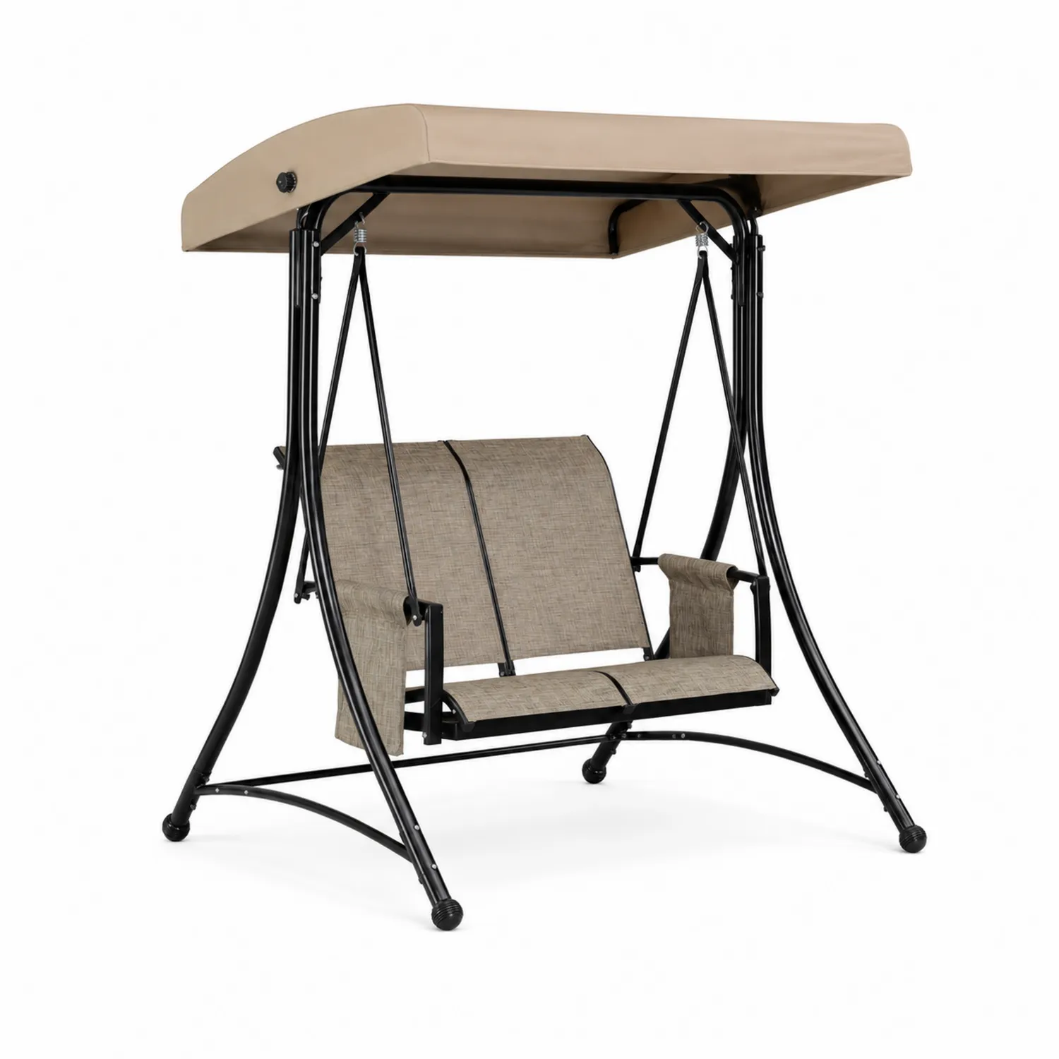 Balançoire en métal noir et tissu beige avec auvent réglable