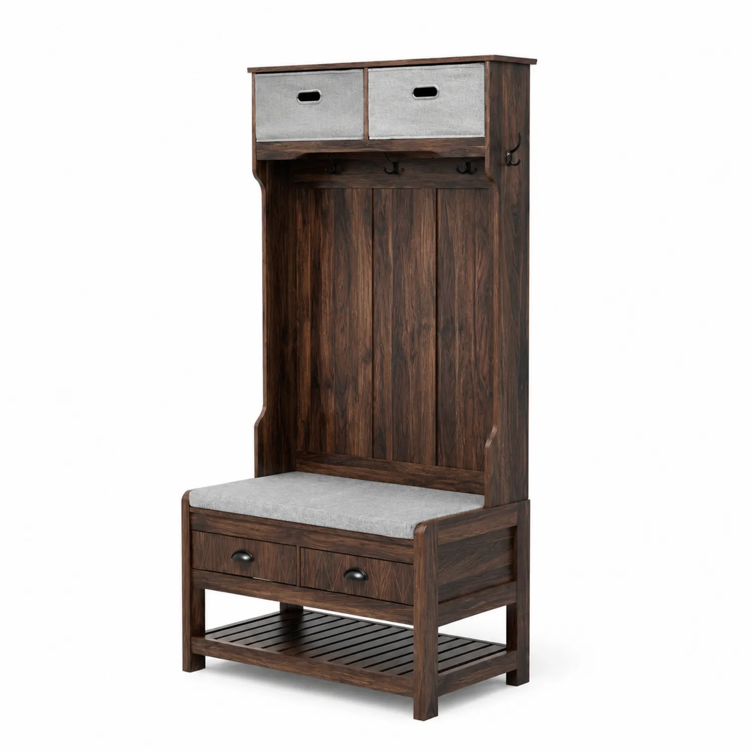 Banc d'entrée en bois avec siège en tissu et espace de rangement