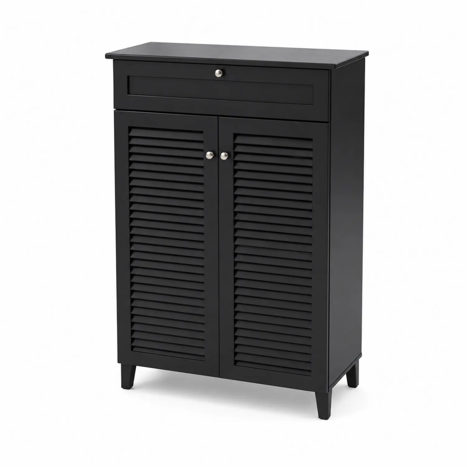 Armoire à chaussures en bois avec tiroir et portes persiennes, noir