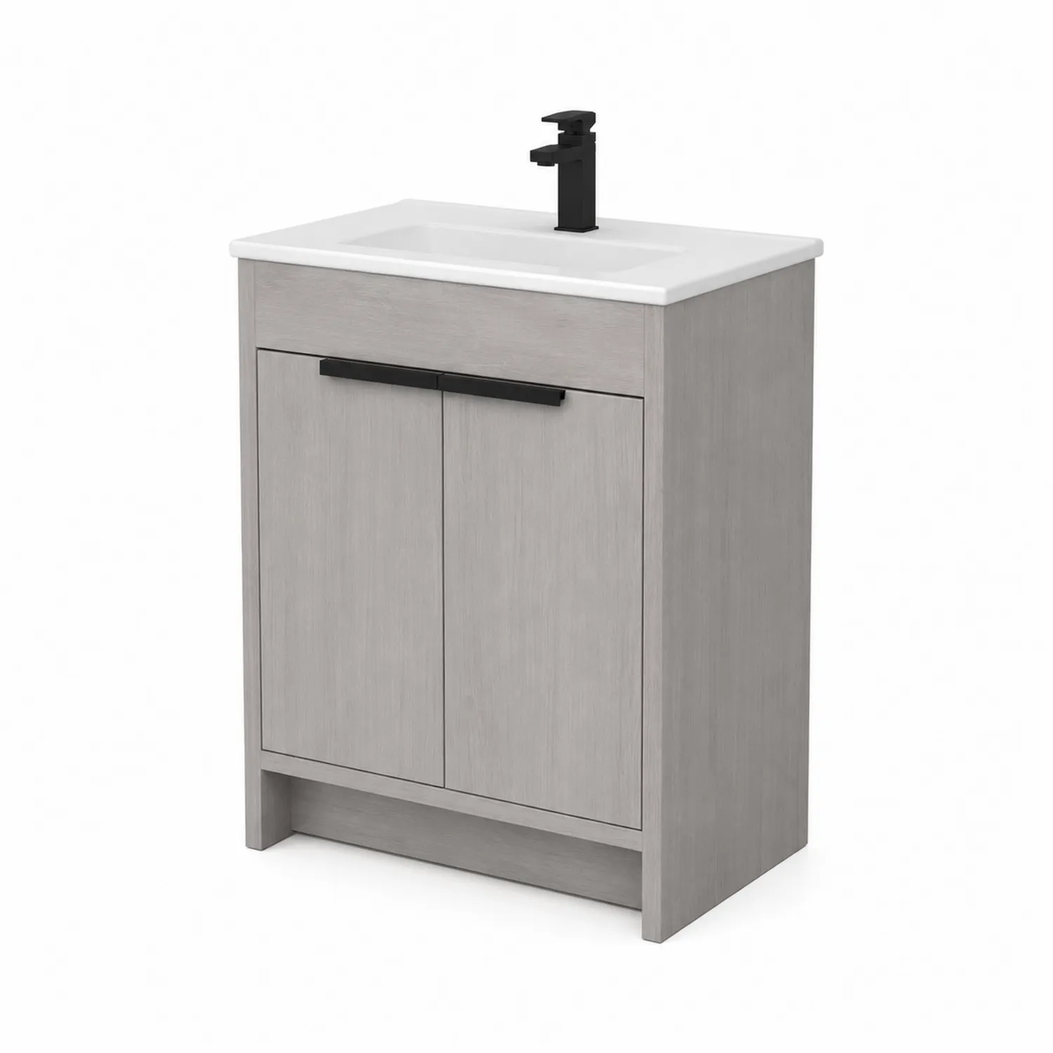 Armario de lavabo de madera gris con lavabo de porcelana