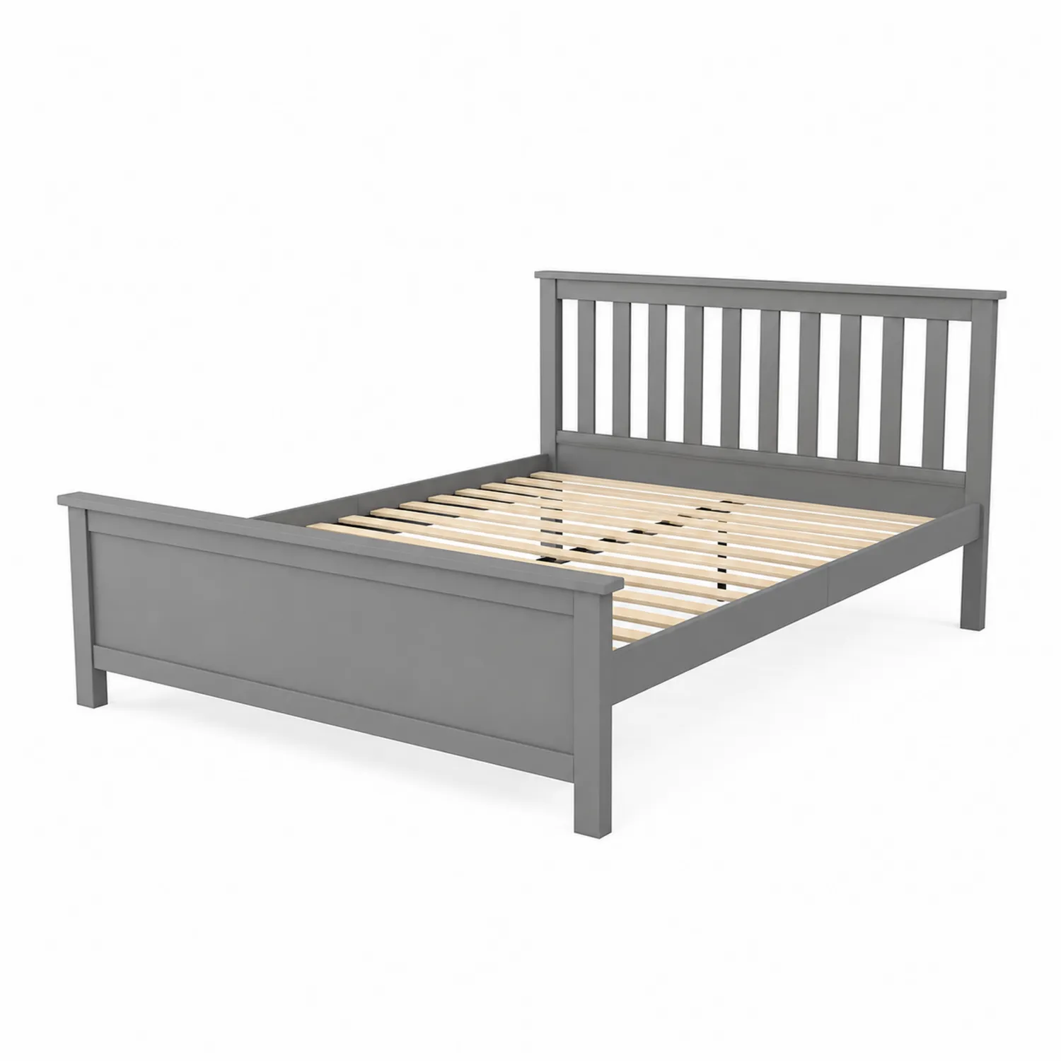 Cama de madera gris con cabecera y pie de cama, 200x150 cm