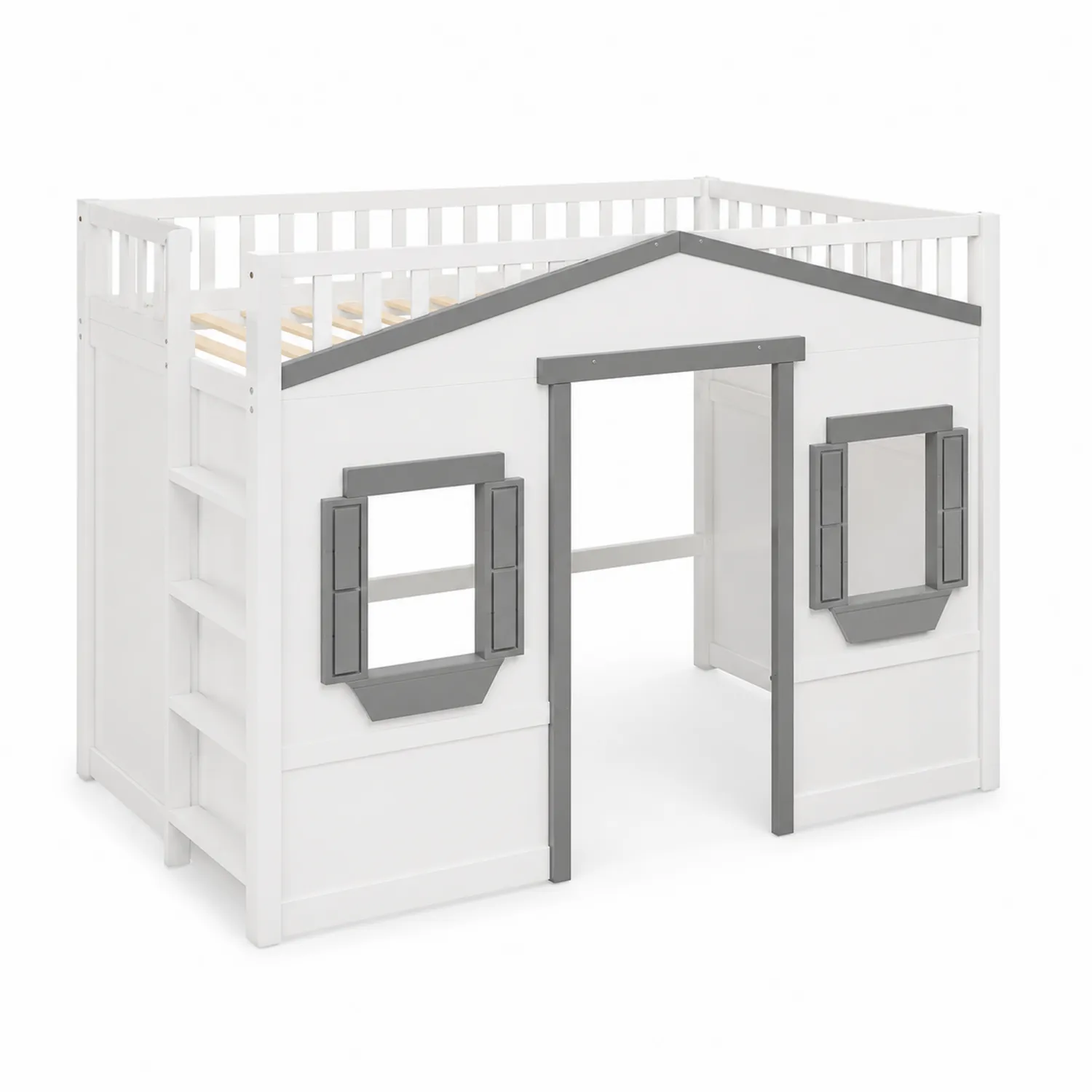 Cama alta infantil en forma de casa de madera blanca y gris 200x90 cm