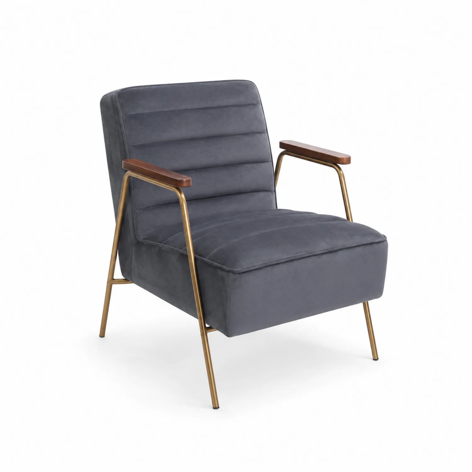 Silla de terciopelo gris con estructura de metal y madera