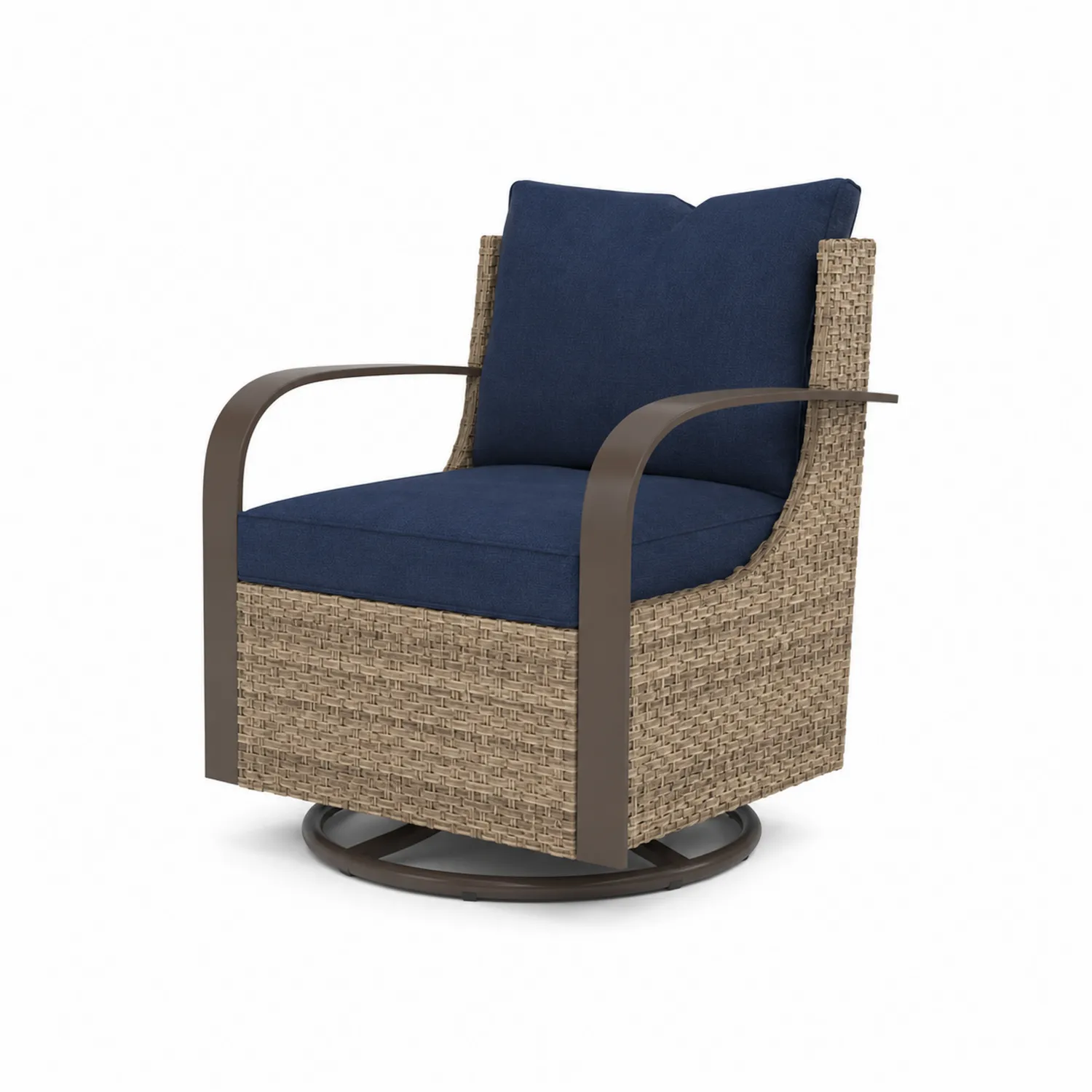 Silla giratoria de ratán PE con cojín de poliéster azul y estructura de acero