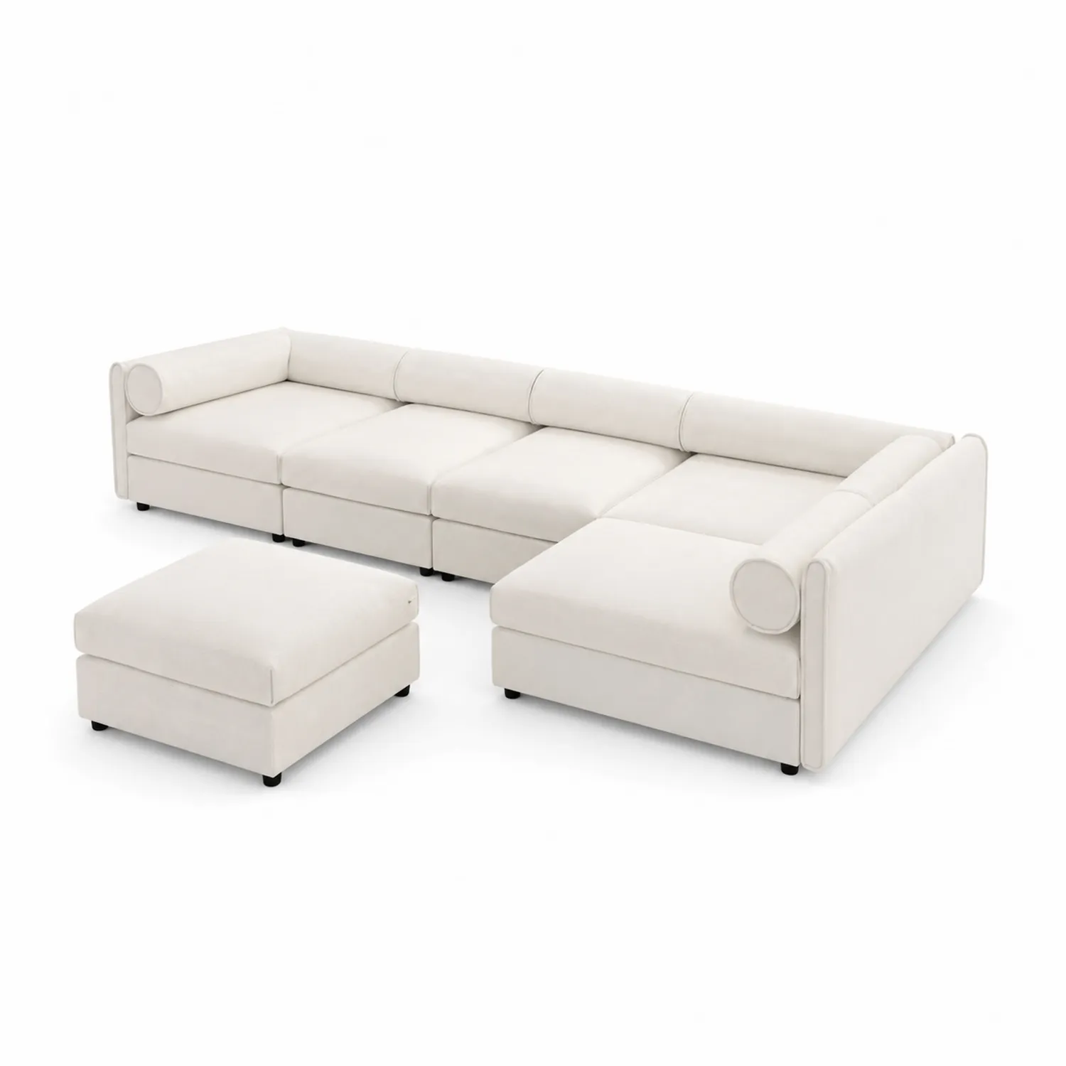 Sofá modular en L de tela de poliéster Beige con reposapiés