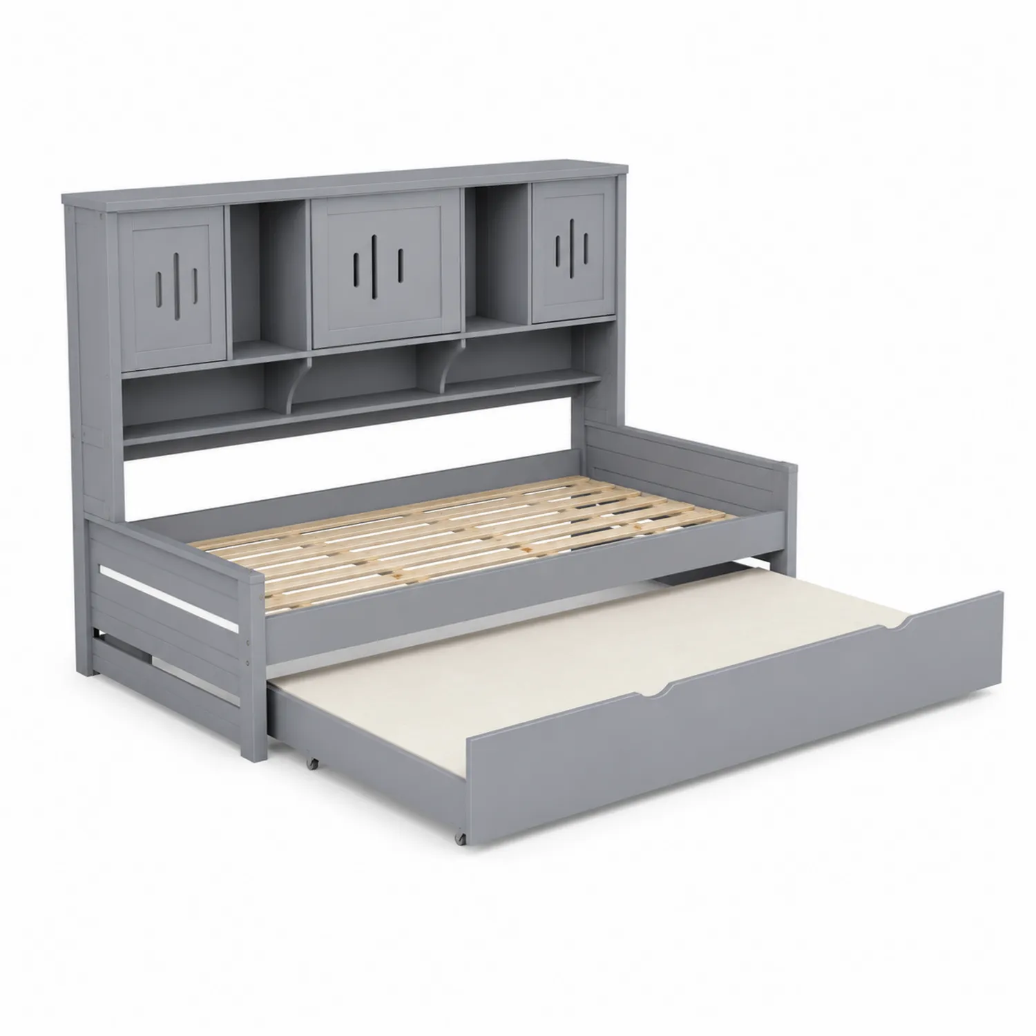 Cama de madera gris con almacenamiento superior y cama supletoria