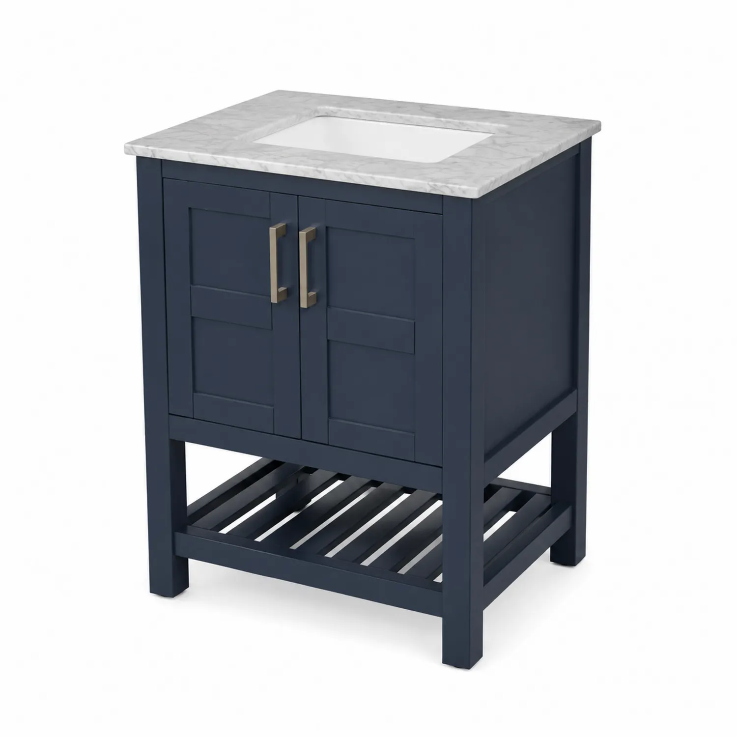 Mueble de baño con armario azul marino y encimera de mármol