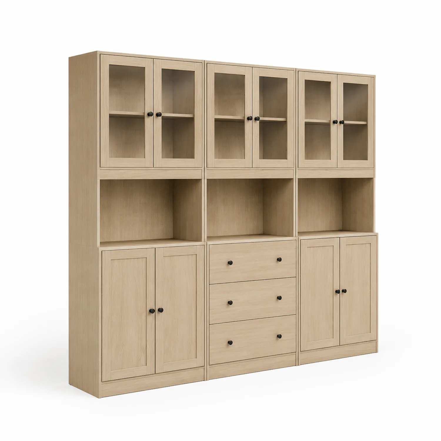 Estantería modular de madera clara con puertas de vidrio y cajones 290x40x220 cm