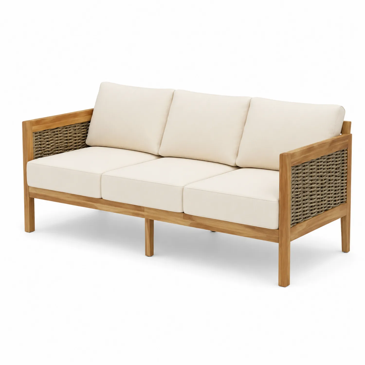 Sofá de 3 plazas en madera de acacia y ratán sintético beige
