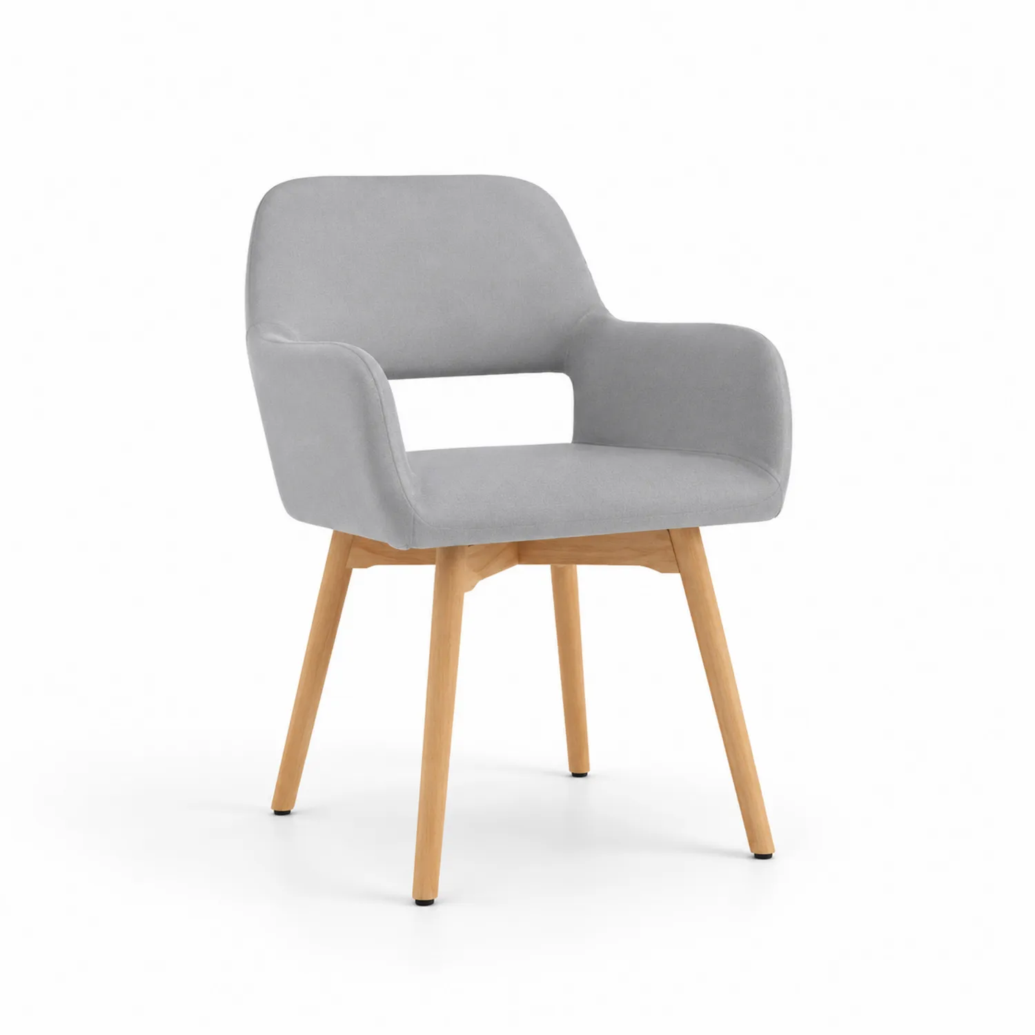 Silla con brazos de terciopelo gris y patas de madera