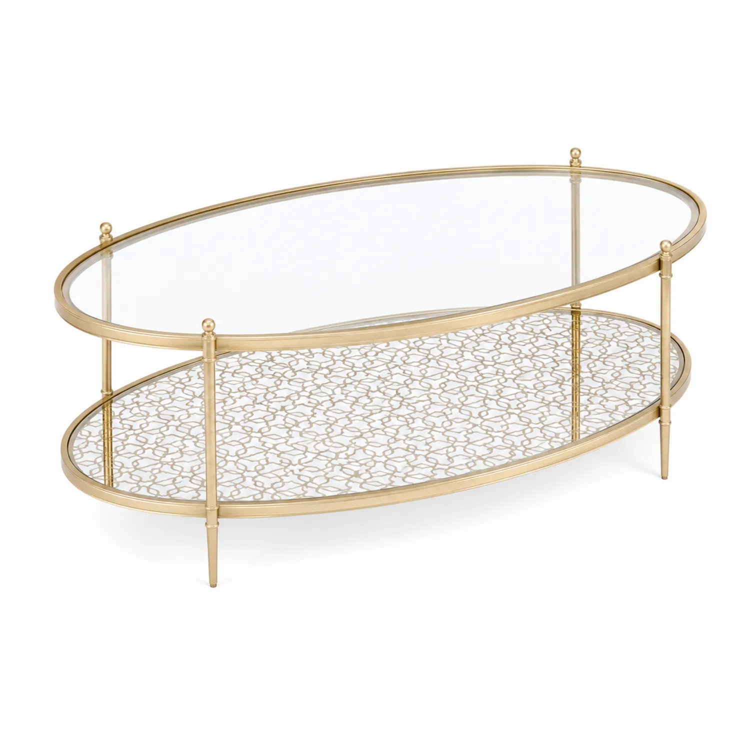 Mesa de café ovalada de vidrio templado con estructura de metal dorado